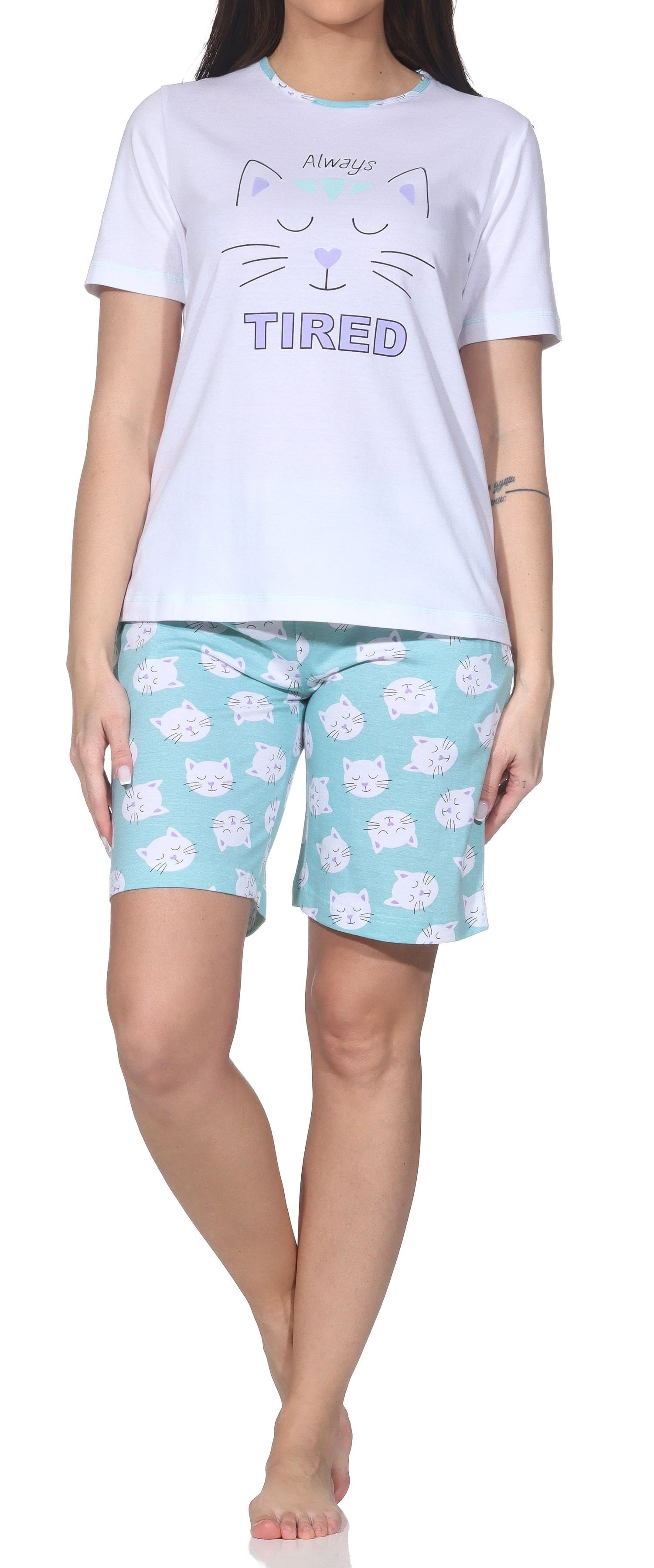 Normann Pyjama Normann Damen kurzarm Shorty Schlafanzug mit Katzenmotiv