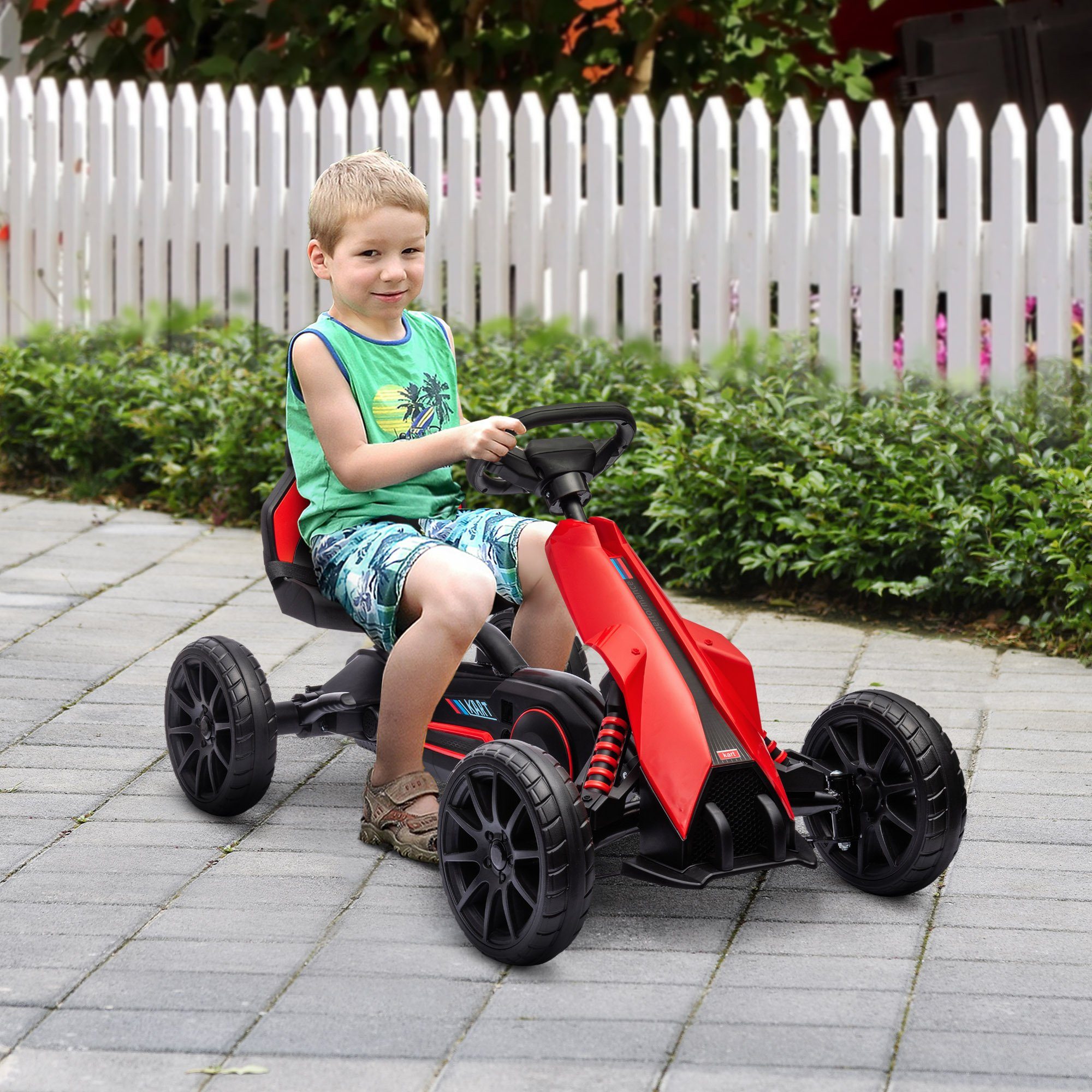 HOMCOM Go-Kart Kinderfahrzeug mit verstellbarem Sitz, Tretauto, Outdoor, für Kinder, Rot