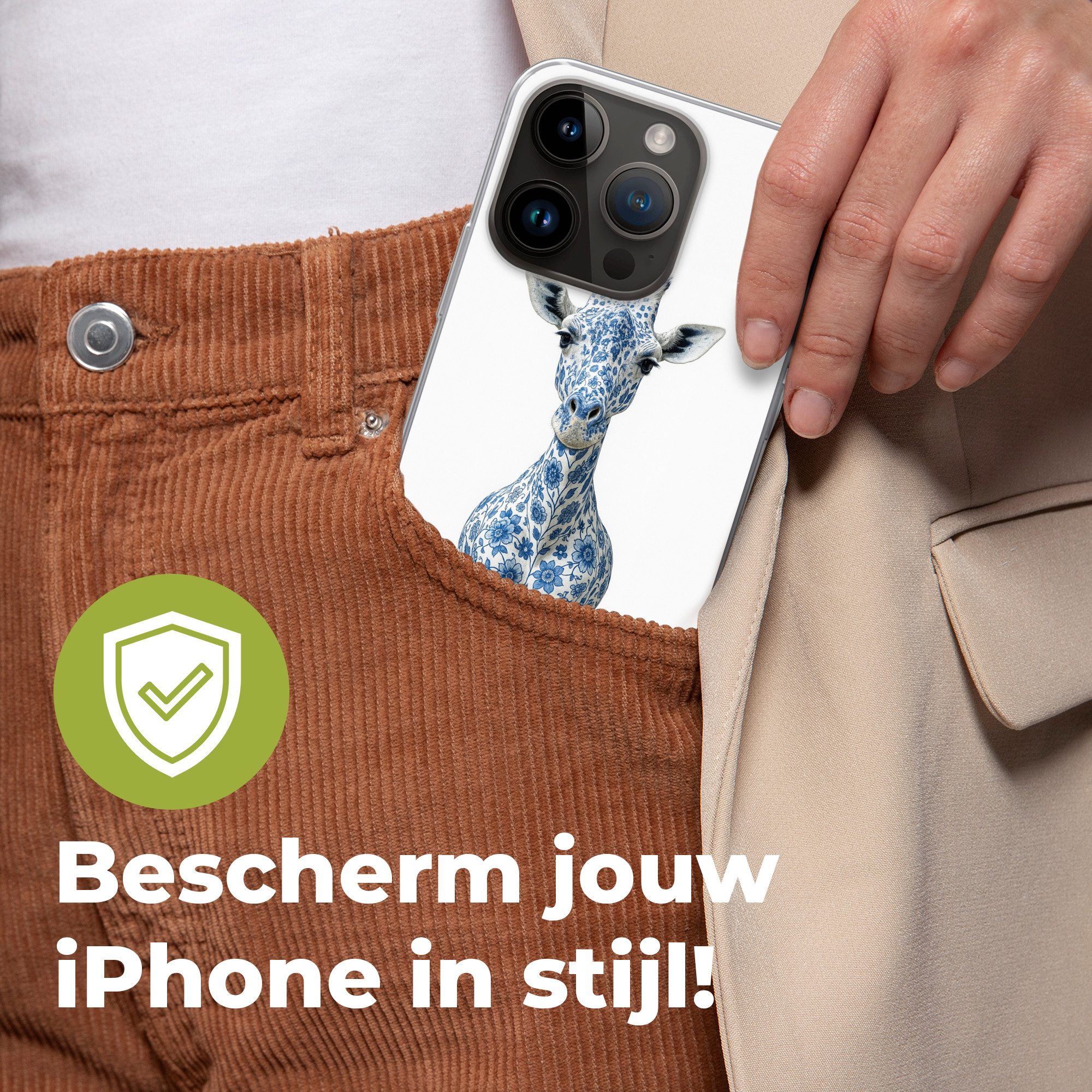 MuchoWow Handyhülle für Apple iPhone 14 Pro Giraffe - Delfter Blau - Tiere - Minimalistisc, Smartphone-Bumper, Print, Handy Schutzhülle Dünn