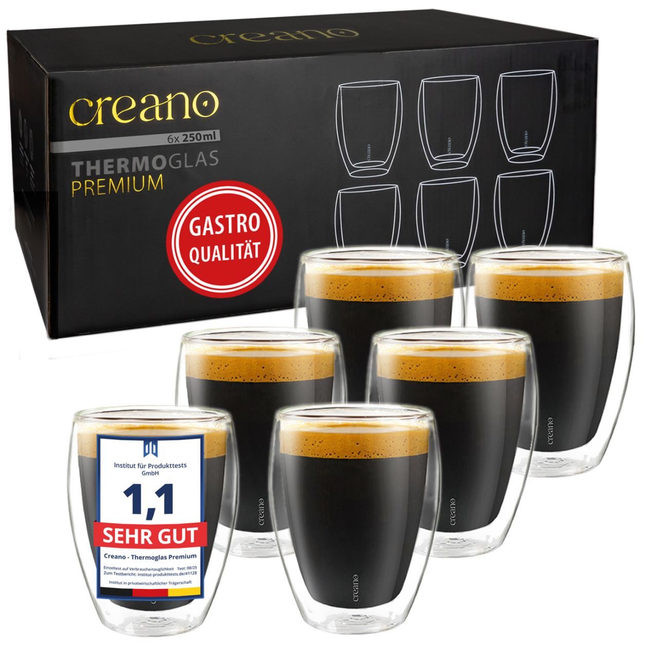 Creano Teeglas Premium Gläser 6er Set, 250ml, 6-tlg., Borosilikatglas