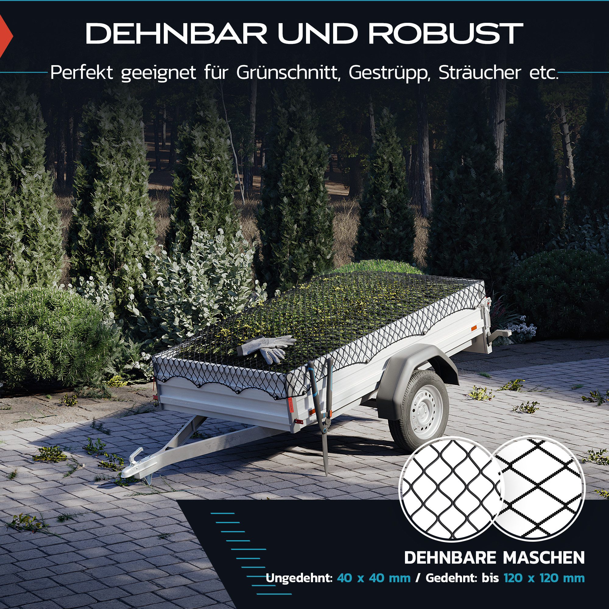 TRIBURG Anhängernetz TRIBURG Anhängernetz Elastisch 1x2m bis 2x3m inkl. 20x Rundknöpfe, Anhängernetz inkl. Planenknöpfe für Anhänger
