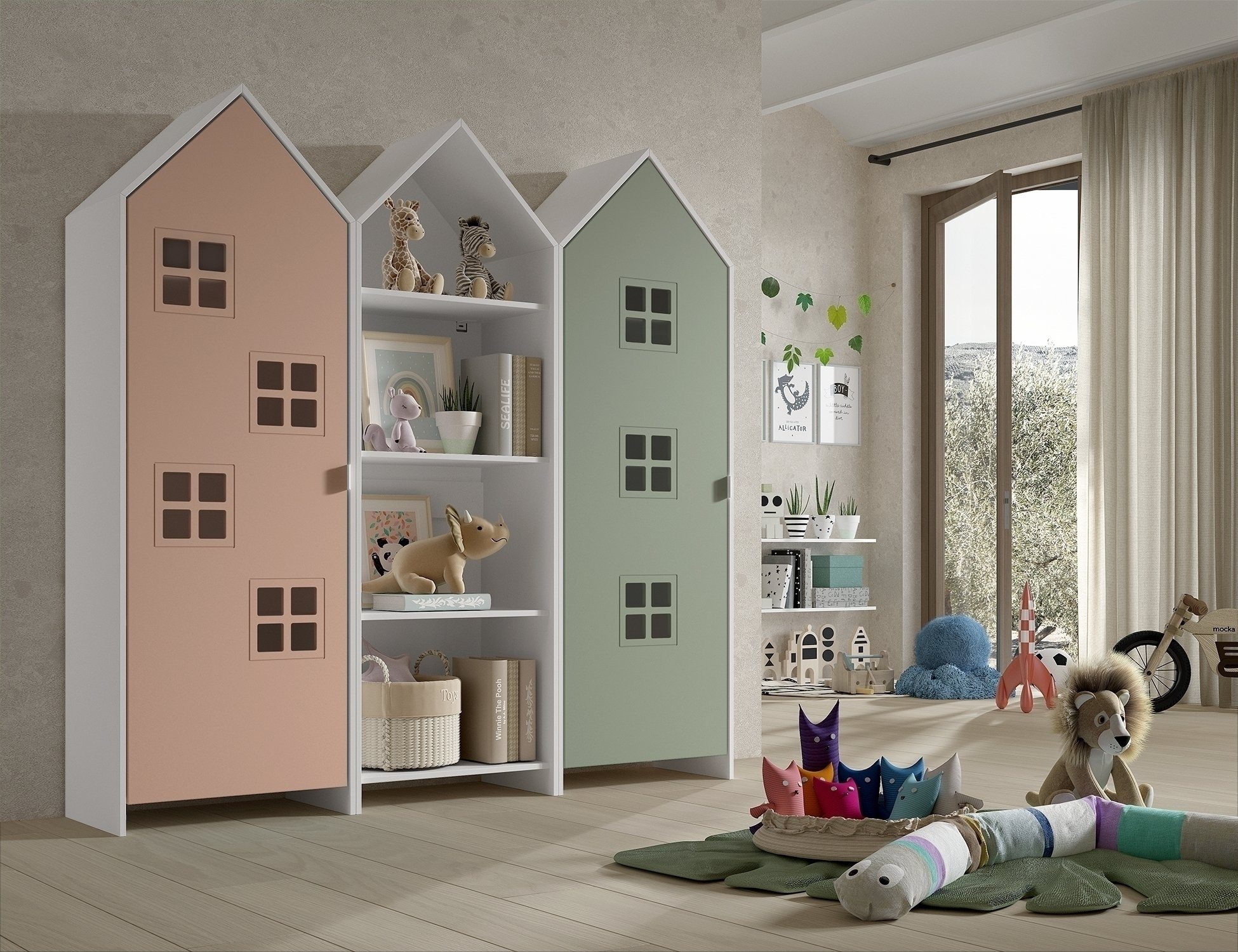 Vipack Kleiderschrank in Korpus Weiß / Front Pink u. Grün, MDF