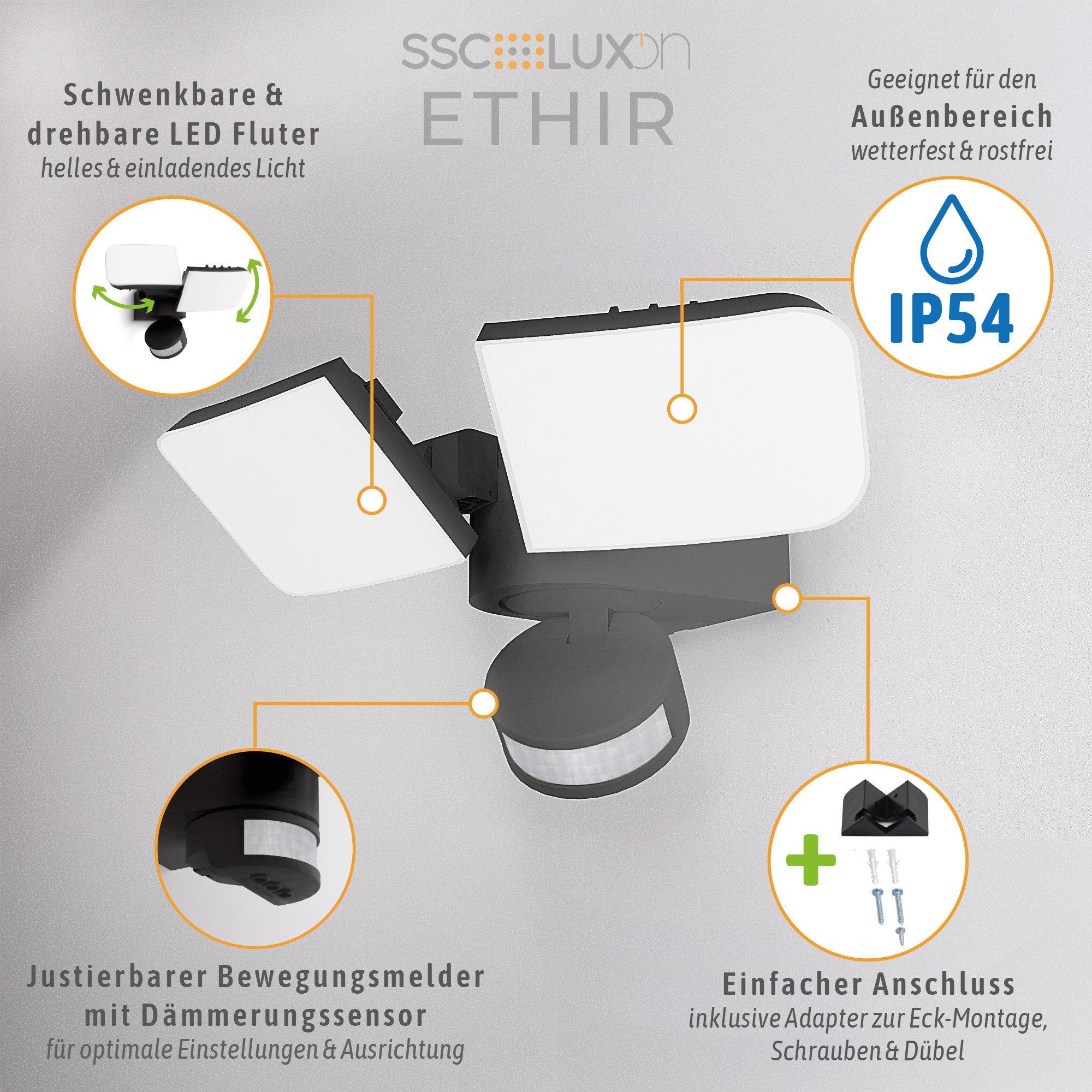 SSC-LUXon LED Außen-Wandleuchte ETHIR Außenwandleuchte mit Bewegungsmelder IP54 neutralweiß LED 230V, Neutralweiß