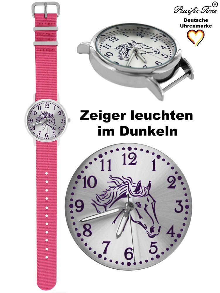 Pacific Time Quarzuhr Set Kinder - Match Design Gratis Armbanduhr violett hellblau rosa und und Wechselarmband, Pferd Mix Versand