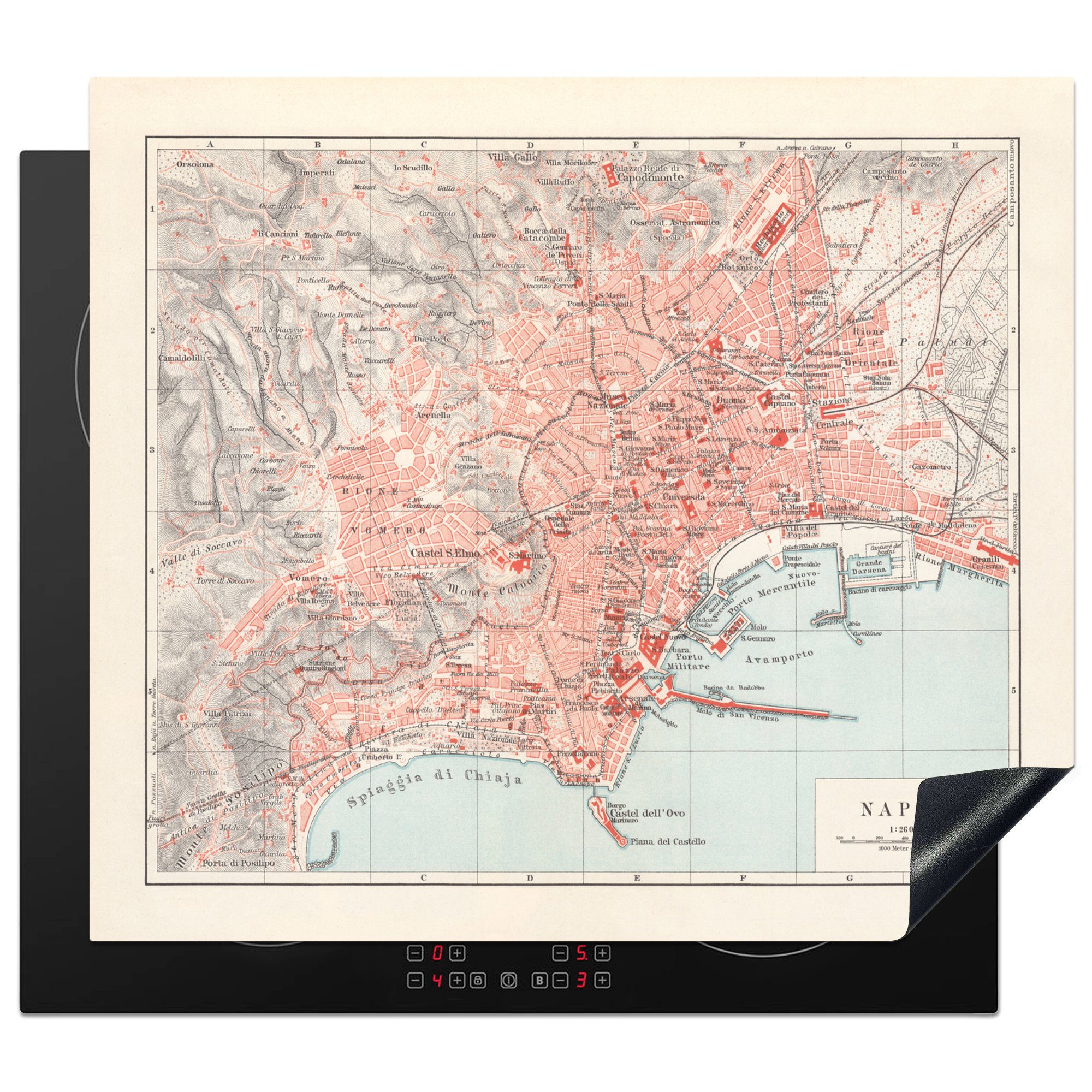MuchoWow Herdblende-/Abdeckplatte Illustration einer historischen Karte von Neapel, Vinyl, (1 tlg), 60x52 cm, Mobile Arbeitsfläche nutzbar, Ceranfeldabdeckung