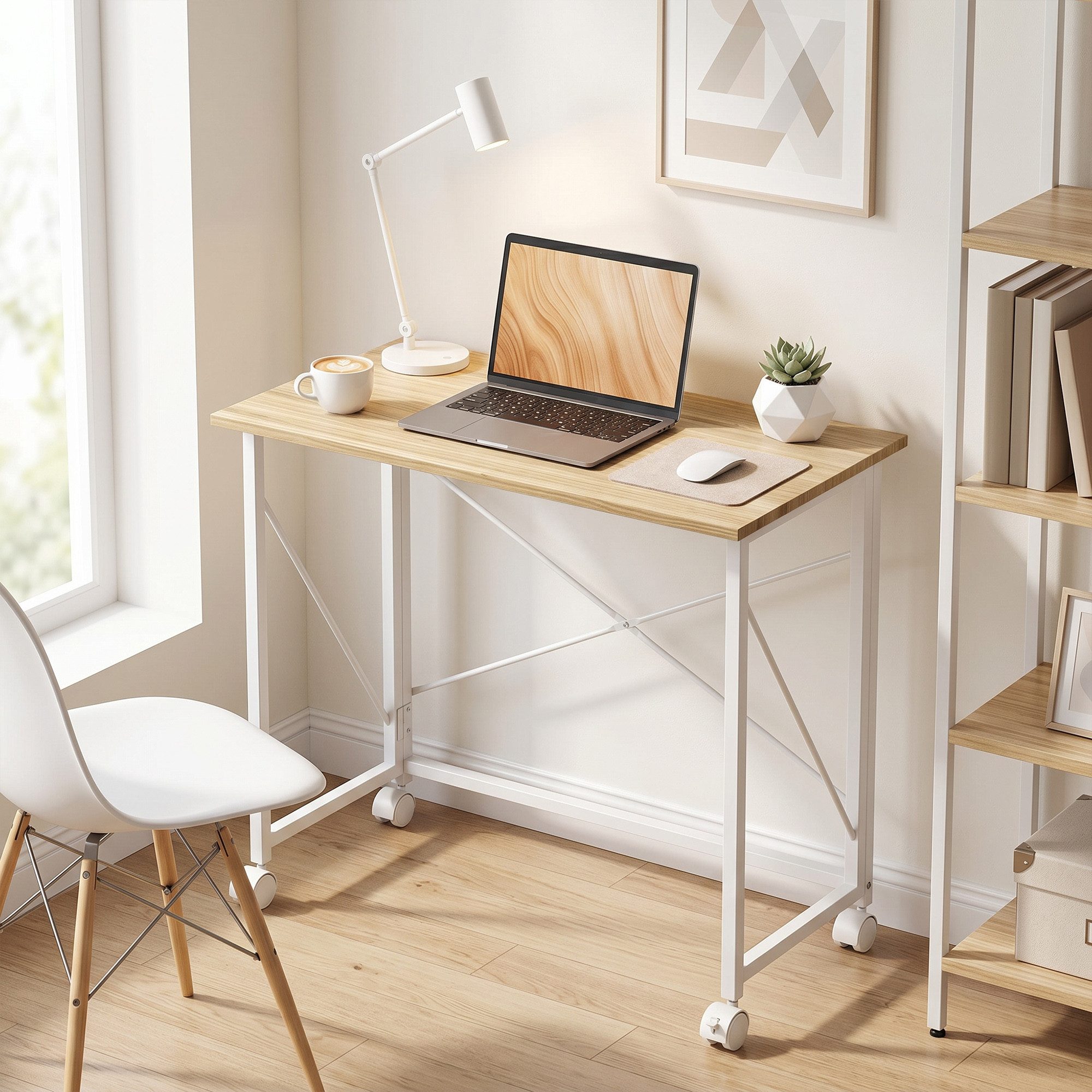 HOMCOM Schreibtisch Computertisch mit Rollen, platzsparender Klapptisch (Klapptisch, 1-St., Klappschreibtisch), Computertisch für Home Office, Weiß