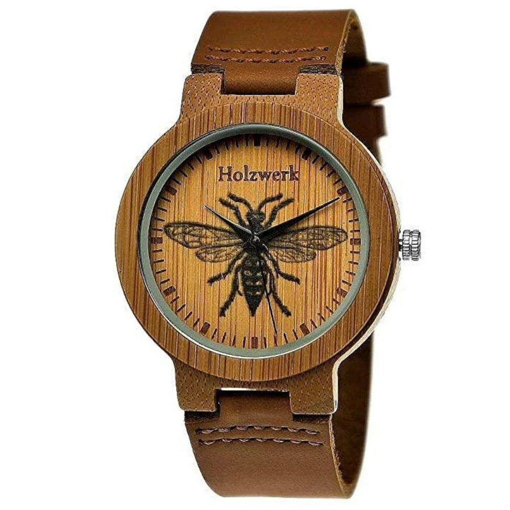 Holzwerk Quarzuhr MY BEE Damen & Herren Holz Uhr mit Leder Armband & Biene Muster, braun