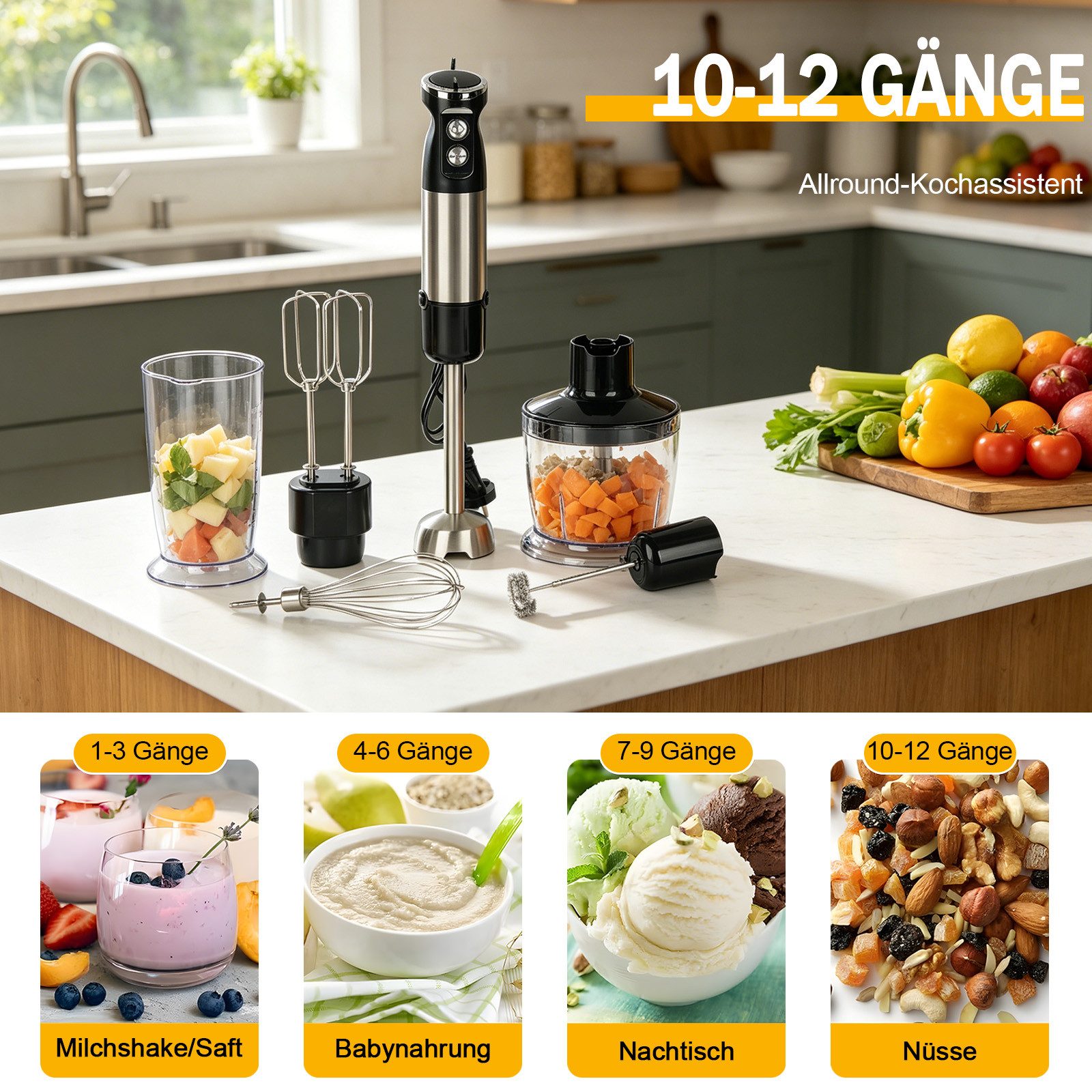 AKKEE Stabmixer Elektrischer Stabmixer Set 6 in 1 Pürierstab Edelstahl Handmixer, 800 W, Spritzwasserschutzfunktion – Bild 2 von 5