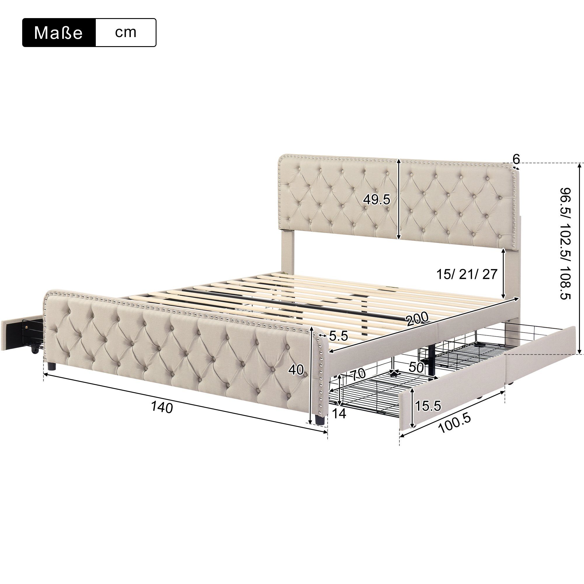 höhenverstellbares Polsterbett Holz, Beige 140x200cm Doppelbett aus Lattenrost Ulife Leinen, Leinen Schubladen, + kopfteil 4