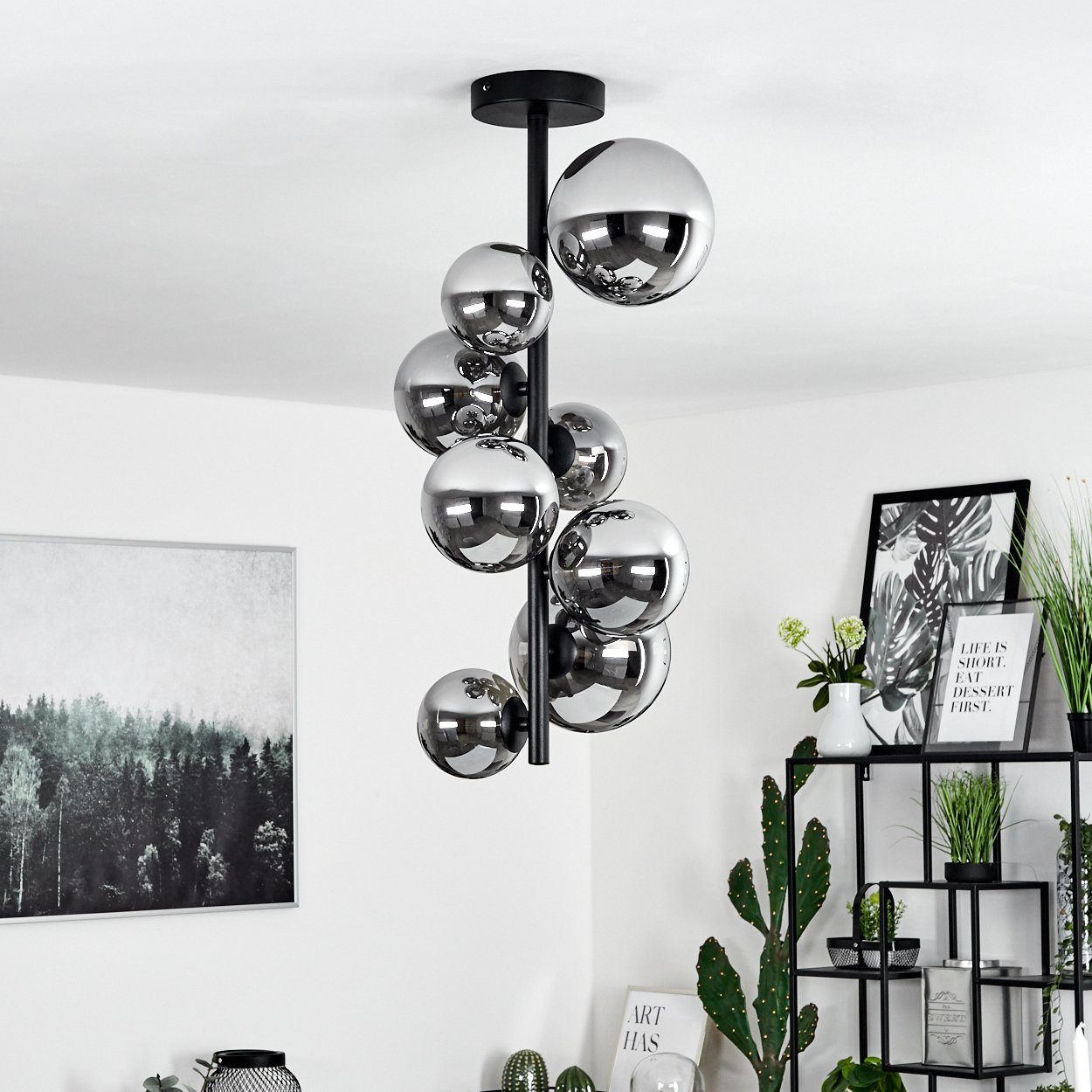 hofstein Deckenleuchte »Isorella« moderne Deckenlampe aus Metall/Glas in Schwarz/Rauchfarben, ohne Leuchtmittel, Leuchte im Retro/Vintage-Design mit Schirmen aus Rauchglas, 8xG9 LED