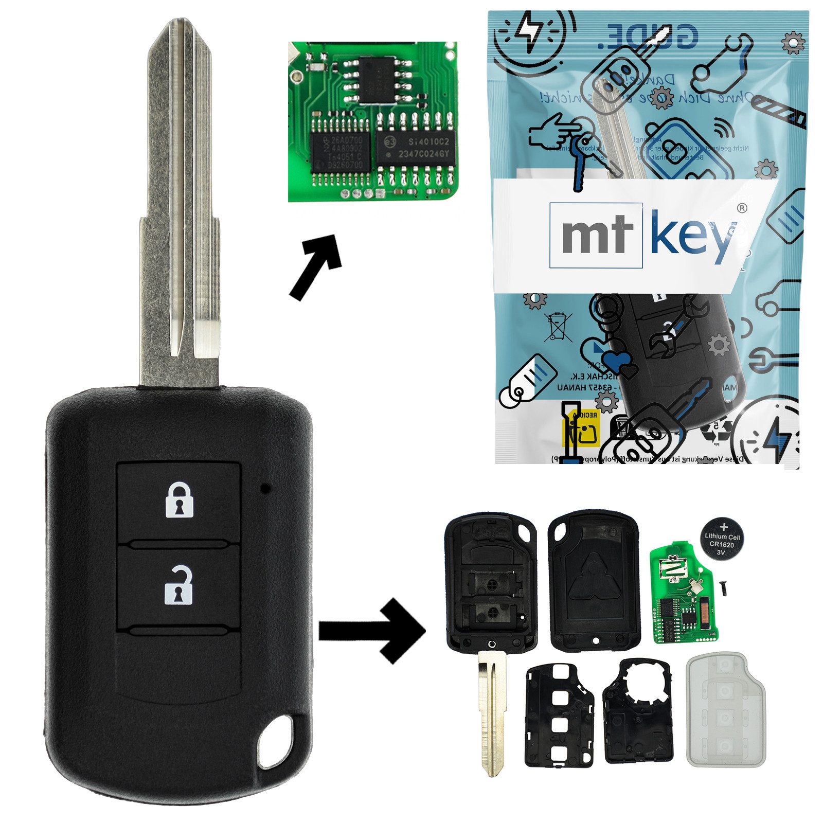 mt-key Schlüsseltasche Auto Funk Schlüssel 434MHZ 2 Tasten Fernbedienung (Set), für Mitsubishi ASX (17-19); Outlander GF0 (17-19); Space Star (16-19)
