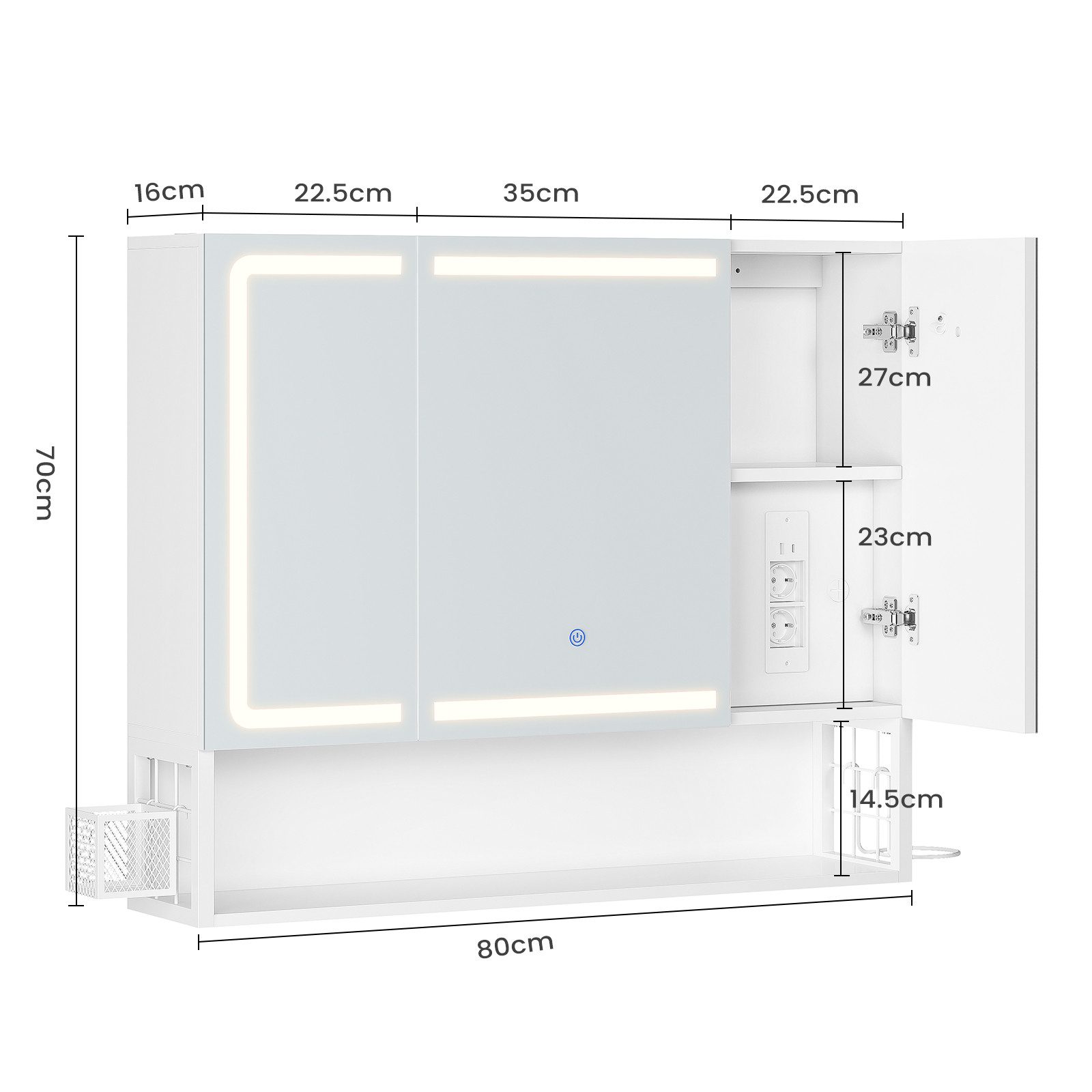 MSMASK Badezimmerspiegelschrank mit LED-Beleuchtung & Steckdose, Spiegelschrank (1-St) 3 Türen, 1 offener Einlegeboden, 80×16×70 cm, Weiß