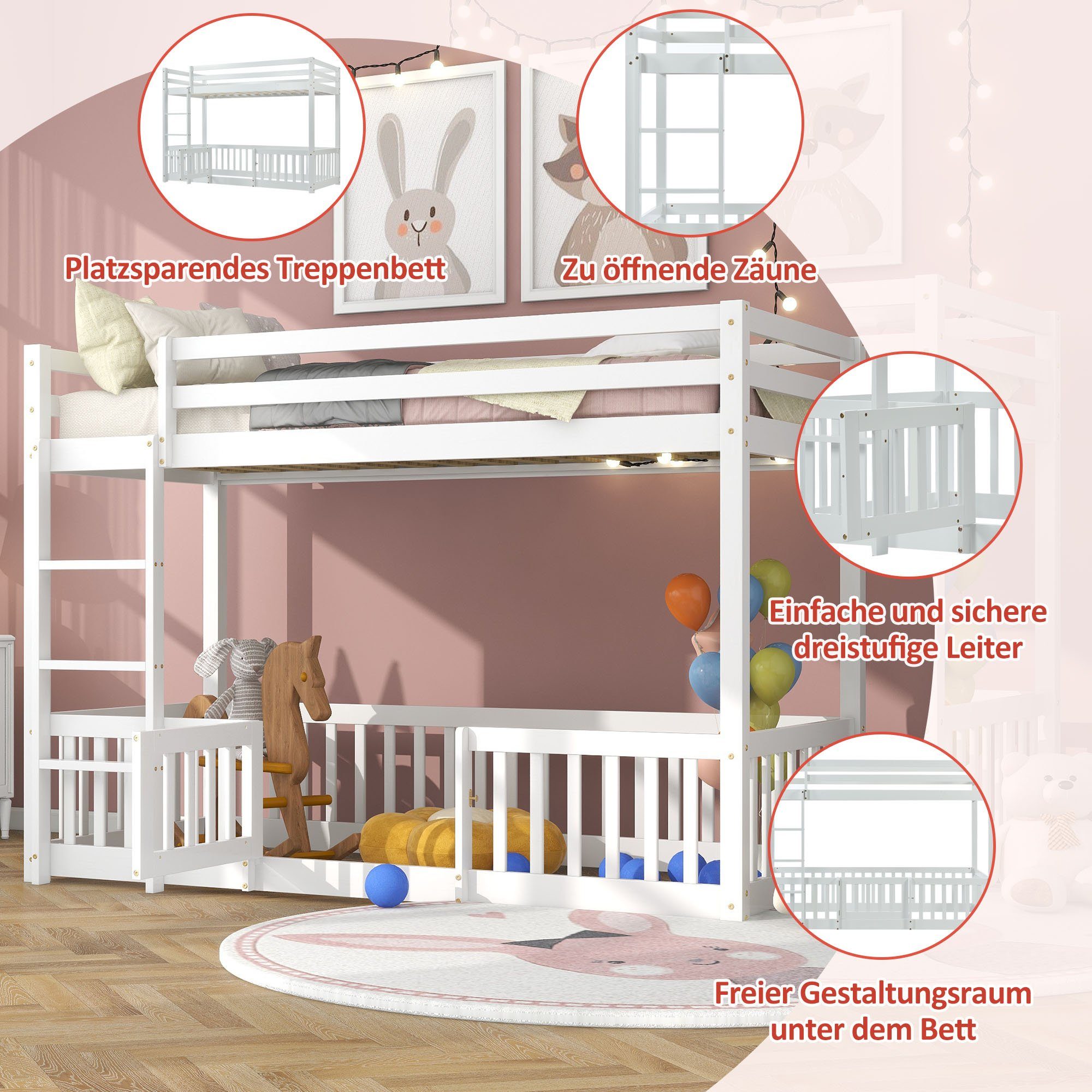 Etagenbett (Hochbett 90x200 cm mit Lattenrost und Rausfallschutz), Kinderbett mit Leiter, Zäune und Tür, aus massivem Kiefernholz