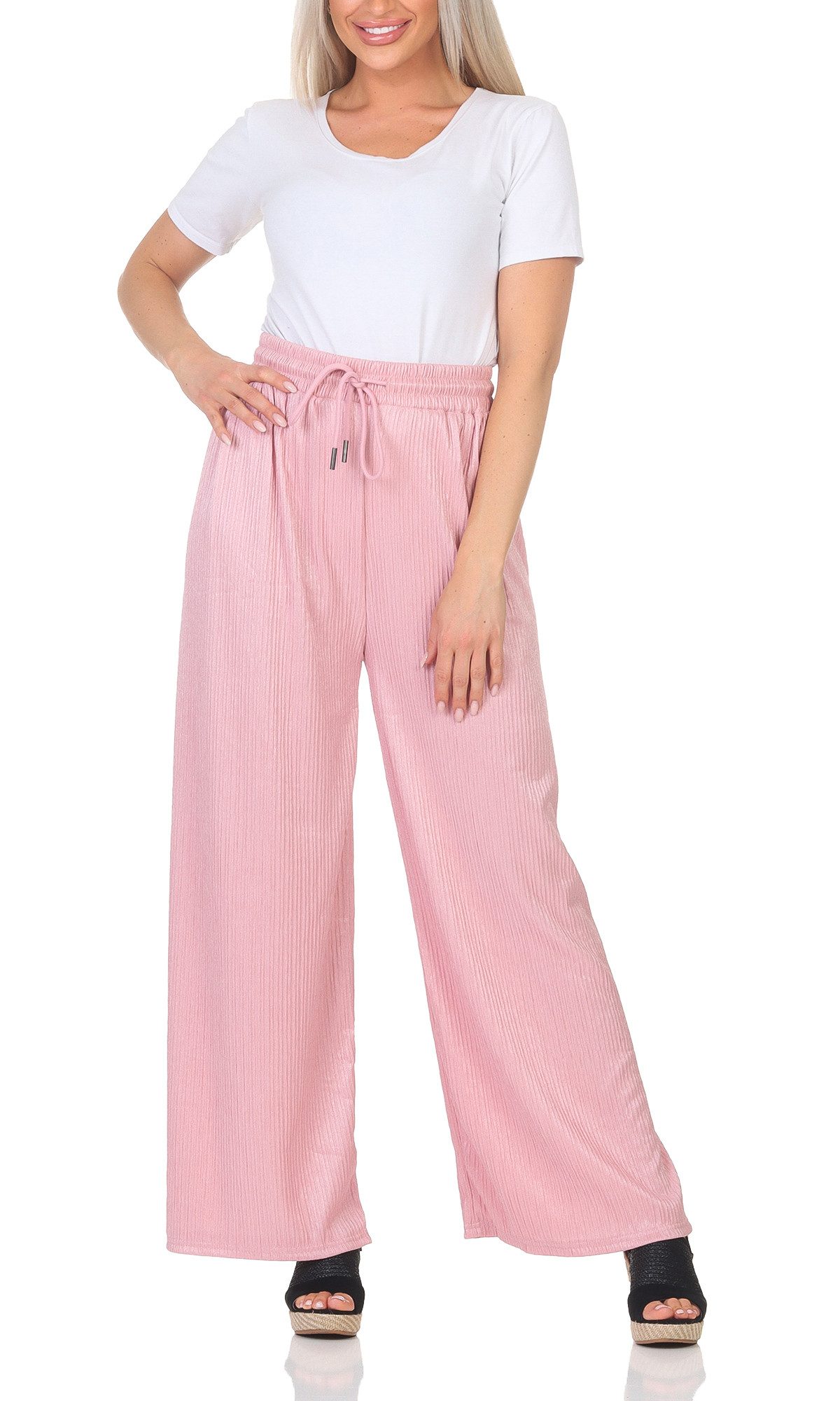 simaranda Marlene-Hose Damen Schlaghose 5020 S-M Rosa mit elastischem Bund, Elastikbund mit Tunnelzug