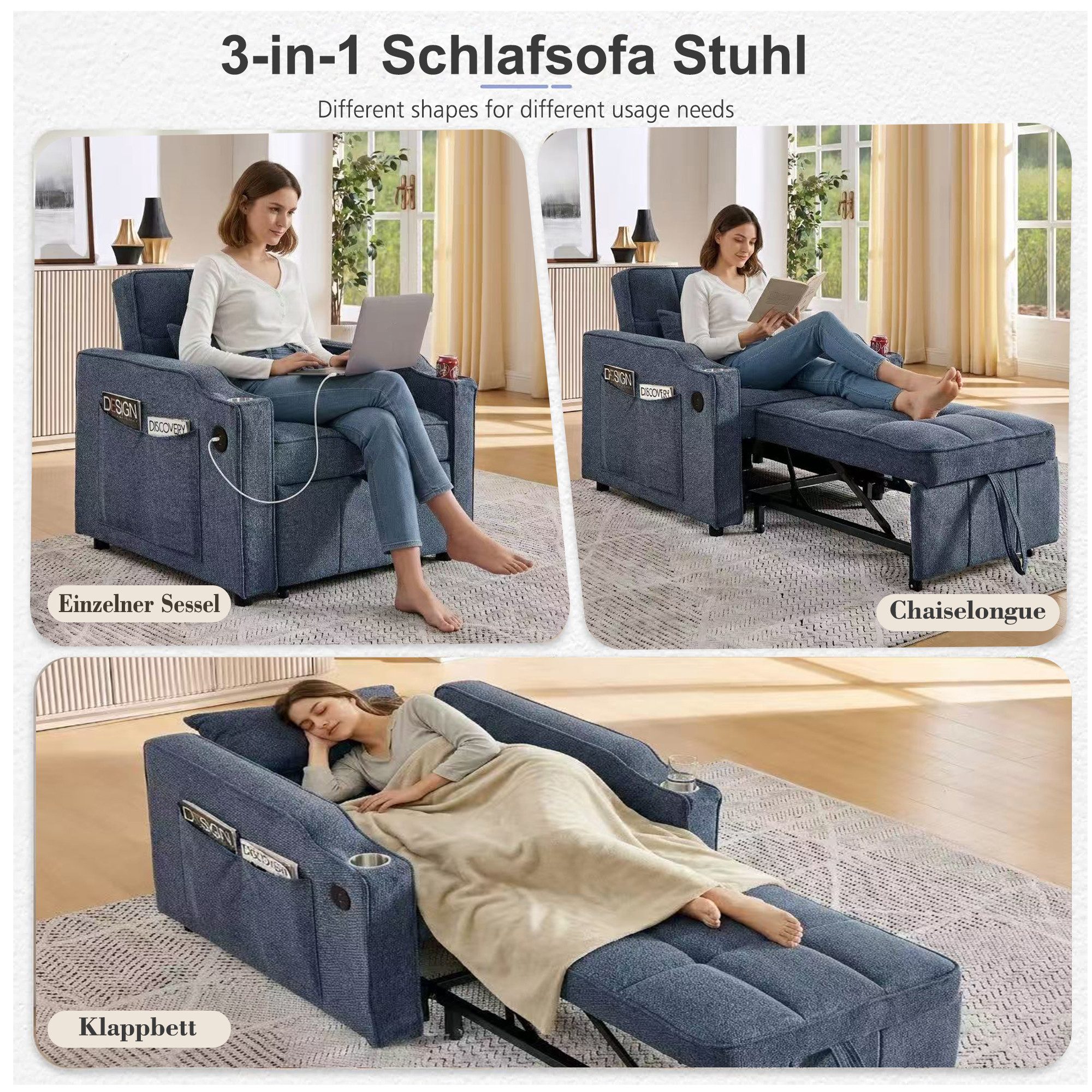 i@home Relaxsessel 1-Sitzer Sofa, faltbares Schlafsofa, Schlafsessel (platzsparend für Wohnzimmer und Schlafzimmer), USB/Type-C Anschluss, Schlafsofa (190cm) Edelstahl-Getränkehalter