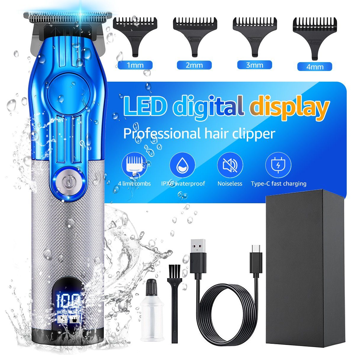 Wasserdichte Haarschneider, LED-Display Barttrimmer herren, Professionelle Blau 7Magic Trimmer Herren Bartschneider 1200-mAh-Akku