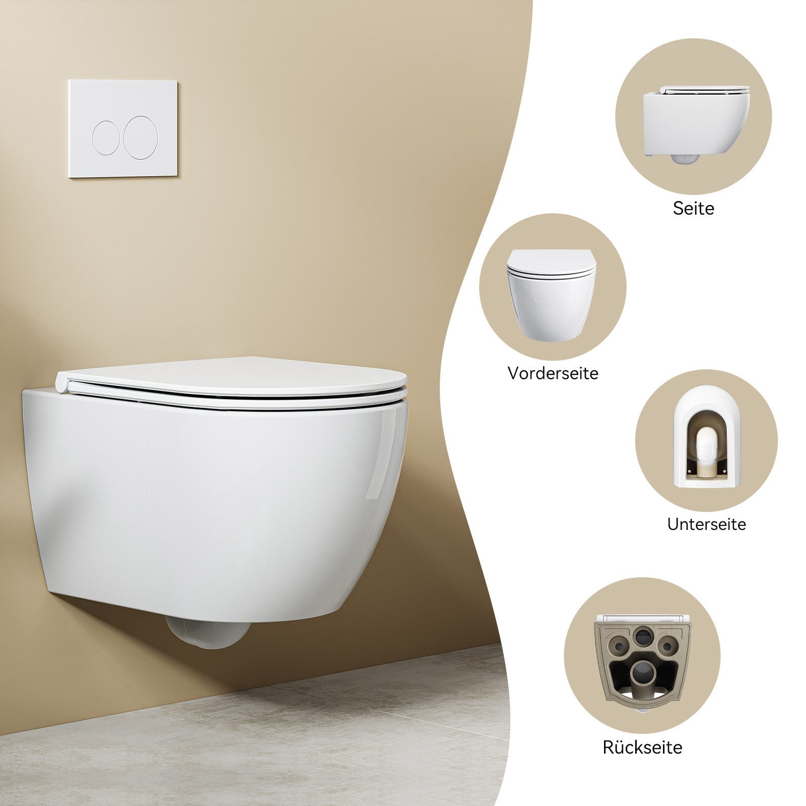 HOROW WC-Komplettset Vorwandelement WC Set Spülkasten WC Drückerplatte Set, wandhangend, (Toilette mit Spülkasten Spülrandloses WC Wand WC Spülrandlos)