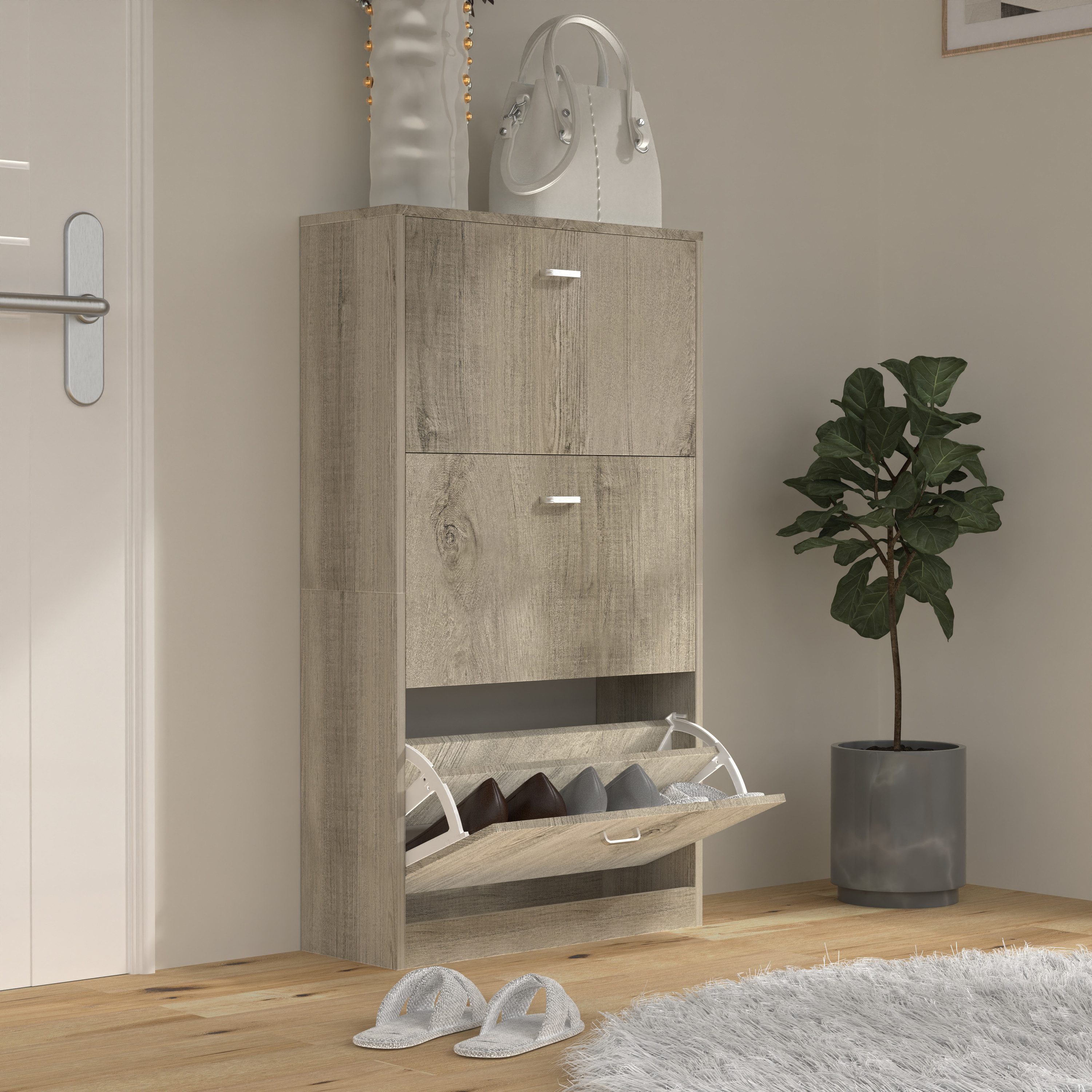 VCM Schuhschrank Schuhkommode Sipos H. 105 x B. 59 x T. 22 cm Holz Schuhschrank, 3 Klappen, Schuhregal, Schuhkommode, Schuhablage