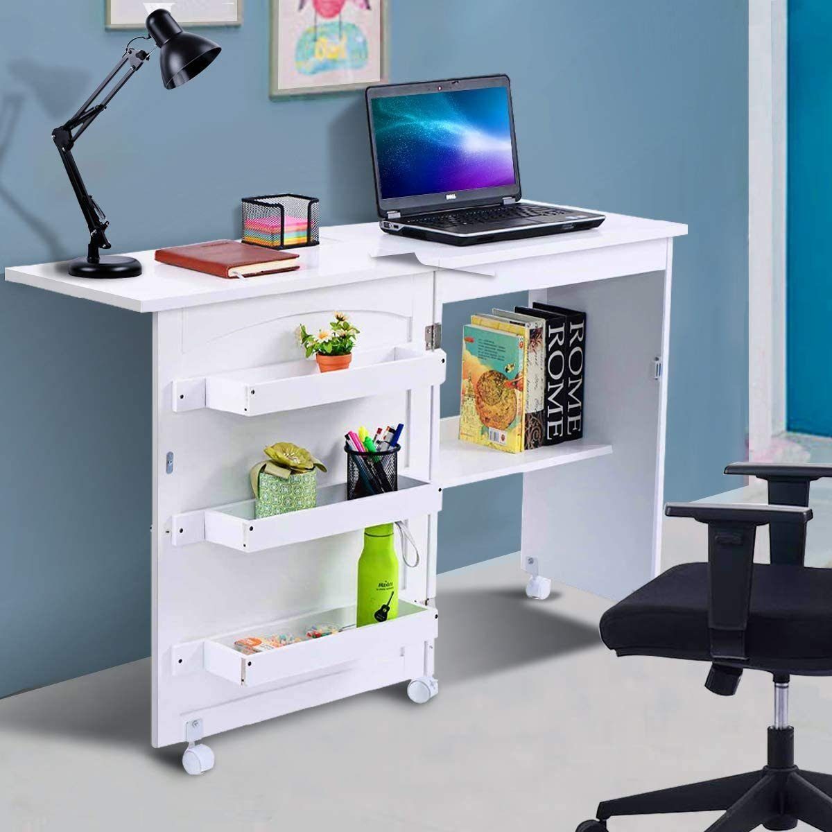 COSTWAY Regal-Schreibtisch, klappbar & rollbar, mit 118,5x40x79,5cm Weiß Stauraum
