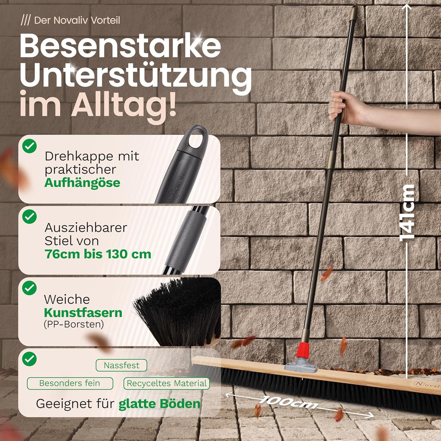 Novaliv Kehrgarnitur 30609-19444-1x, (1-tlg), Novaliv Großer Besen Saalbesen 100 cm mit Teleskopstiel Borsten Kunstb