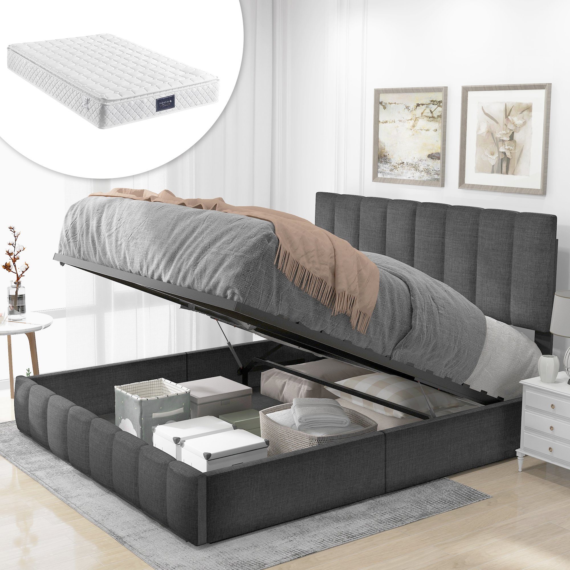 Boxspringbett (Hydraulisches Funktionsbett Polsterbett mit Matratze und Lattenrost), 140 x 200 cm Doppelbett, Verstellbares Kopfteil, Grau Leinen