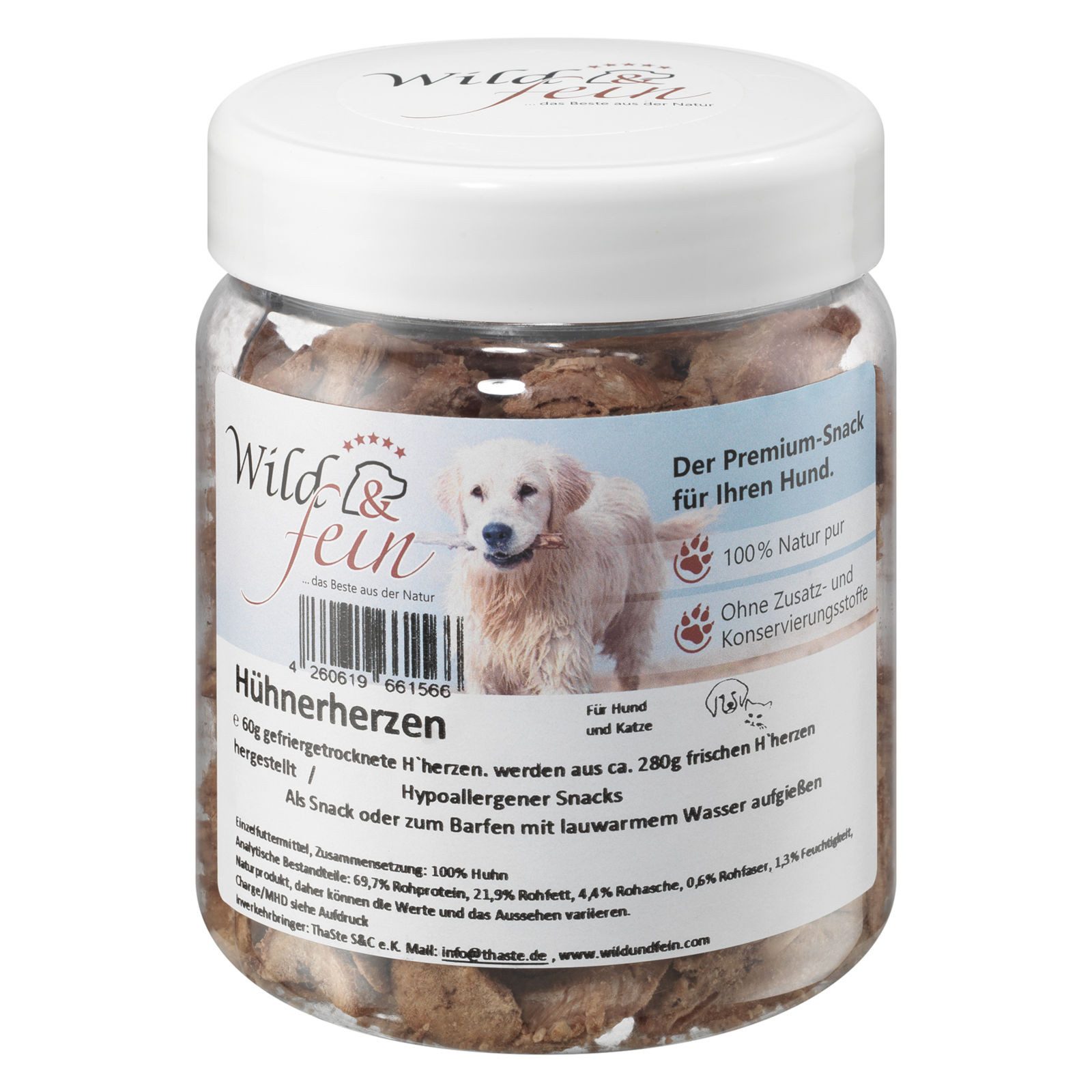 Wild & Fein Hühnerherzen, Snack für Hunde, gefriergetrocknet, 60g, Snack für: Hund