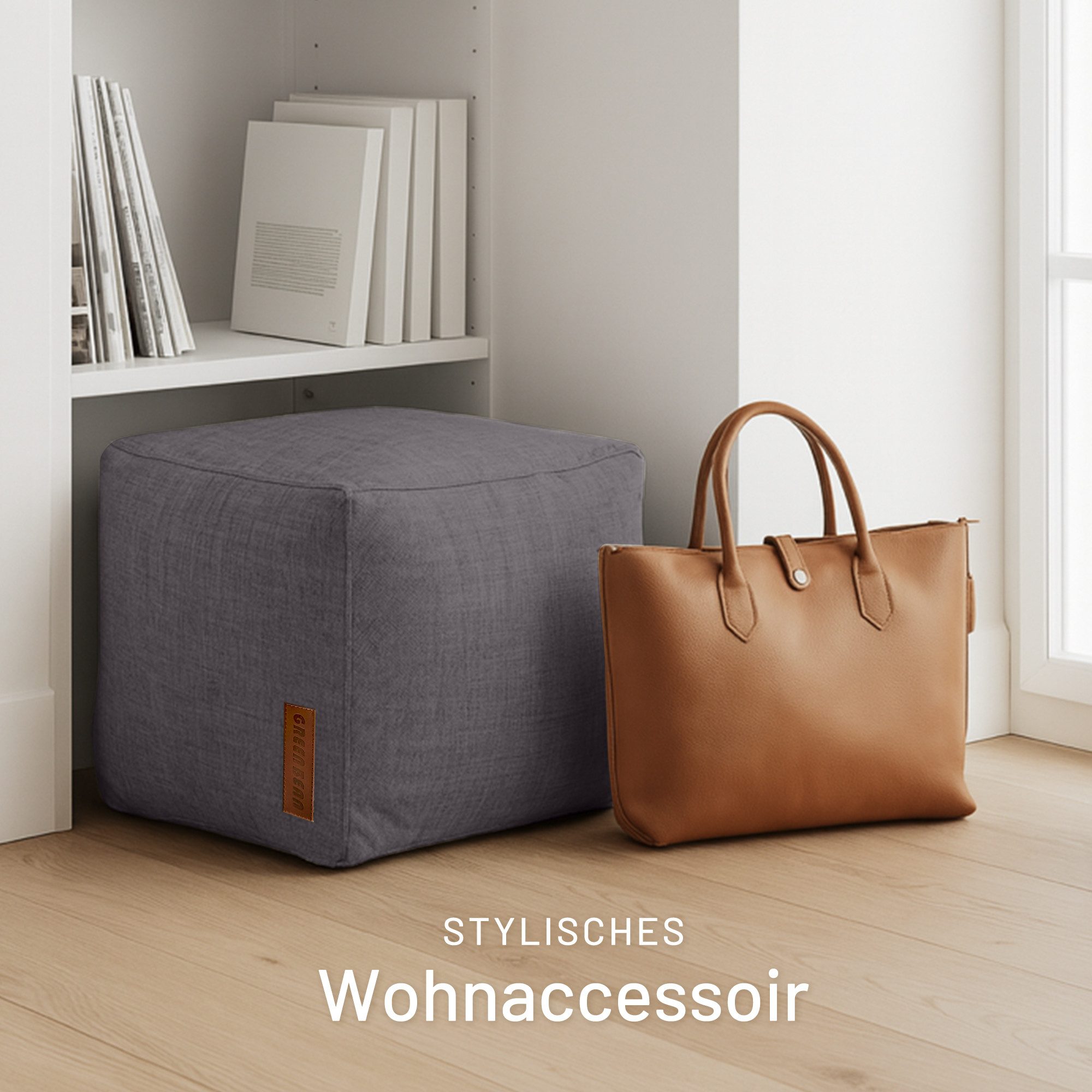 Green Bean Pouf Cube Linen (Indoor Sitzhocker Sitzkissen Fußhocker Relax-Sessel, Made in Germany), die ideale Ergänzung zum Sitzsack