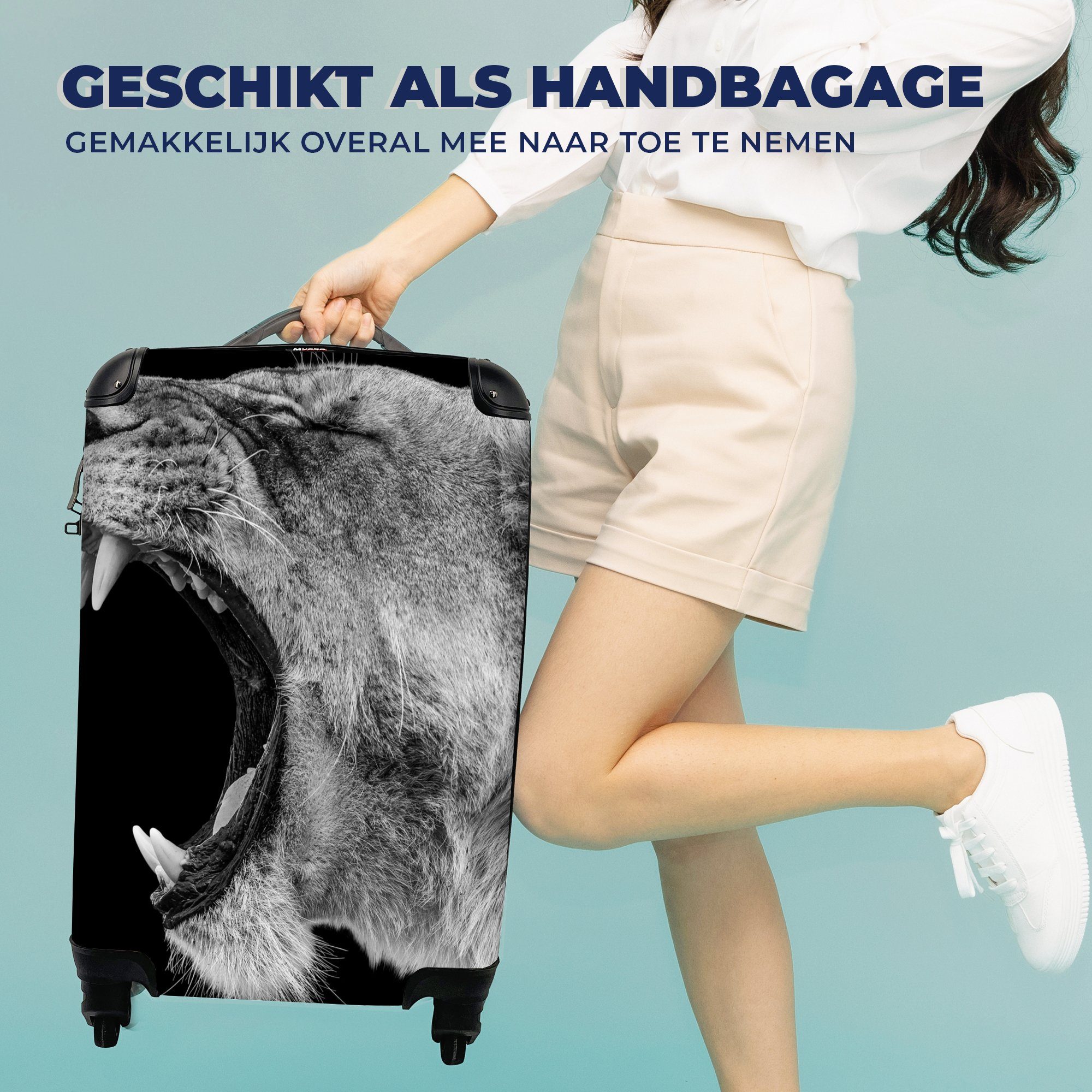 MuchoWow Handgepäckkoffer Tiere - Löwe Ferien, - Schwarz Trolley, - mit rollen, Reisetasche - Reisekoffer Rollen, für Weiß 4 Handgepäck Porträt