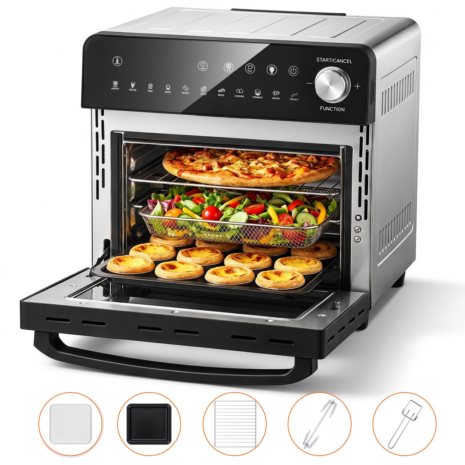 oyajia Heißluftfritteuse XXL Minibackofen 14L Airfryer, 11 Automatikprogramme mit Rotisserie-Funktion, Sichtfenster Innenbeleuchtung, Timer, 7 Anhänge, 1800 W, Vielseitiges Küchengerät zum Frittieren, Backen, Trocknen Aufwärmen