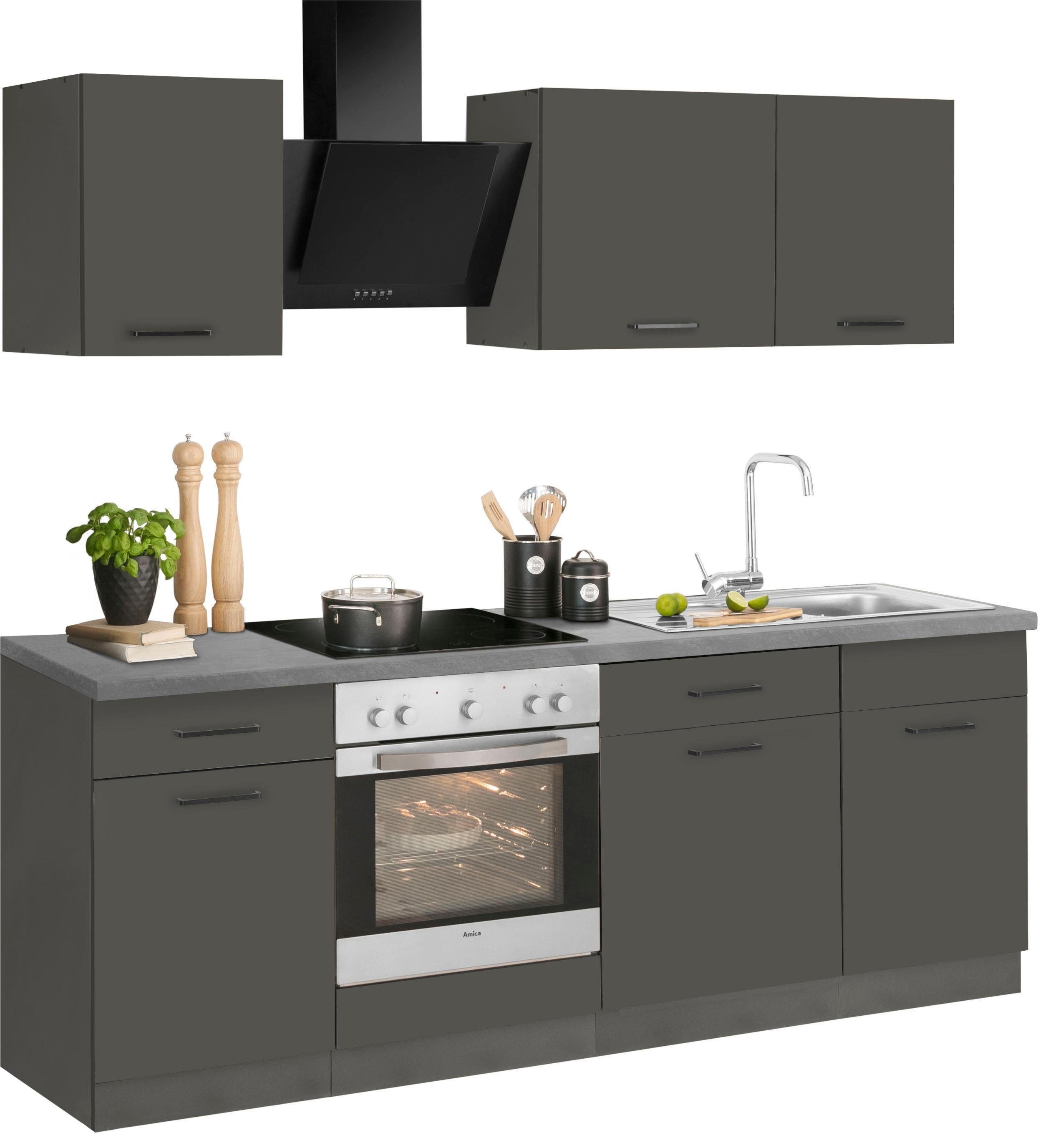 wiho Küchen Küchenzeile Esbo, mit E-Geräten, Breite 220 cm, Laufleisten der  Schubkästen aus Metall | Kochfeldumbauschränke