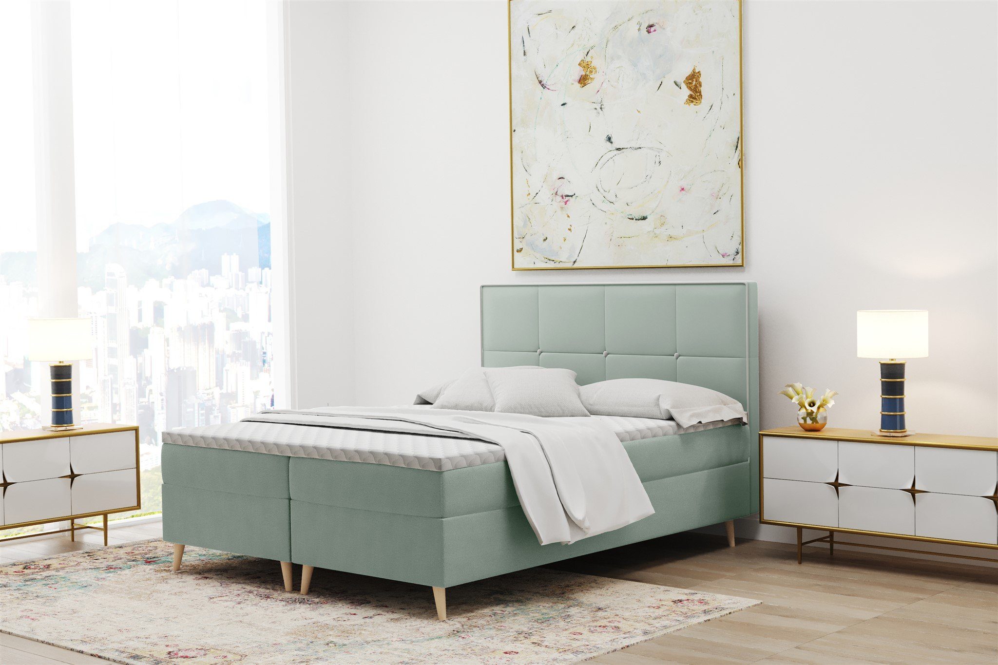 Fun Möbel Boxbett Schlafzimmerbett RENAN in Stoff Riviera (inkl. Topper und Bettkästen, auch in Überlänge erhältlich), Kopfteil mit kontrastfarbigem Saum und Knöpfen