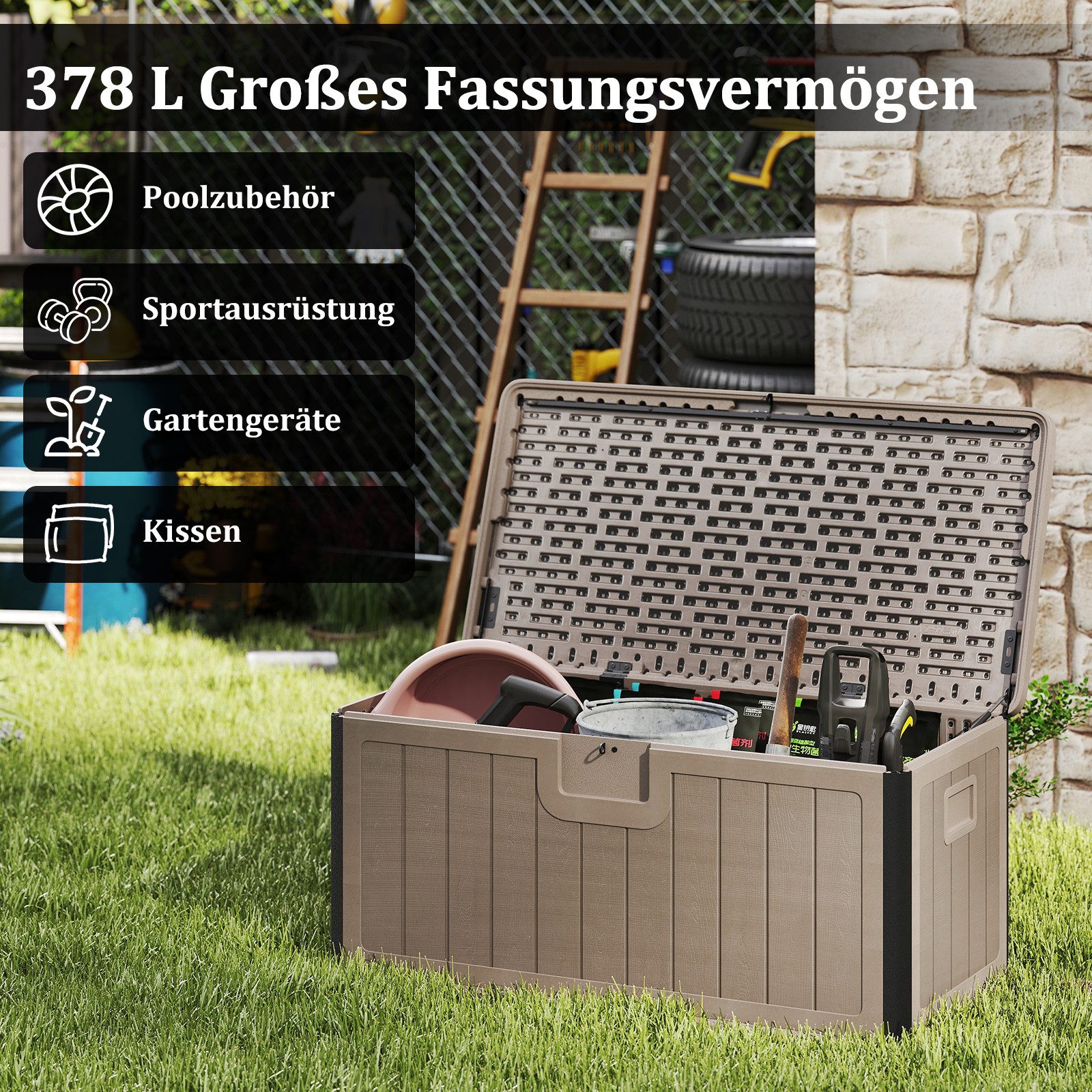Thumbnail - COSTWAY Auflagenbox, 378L Terrassenbox wasserfest mit abschließbarem Deckel