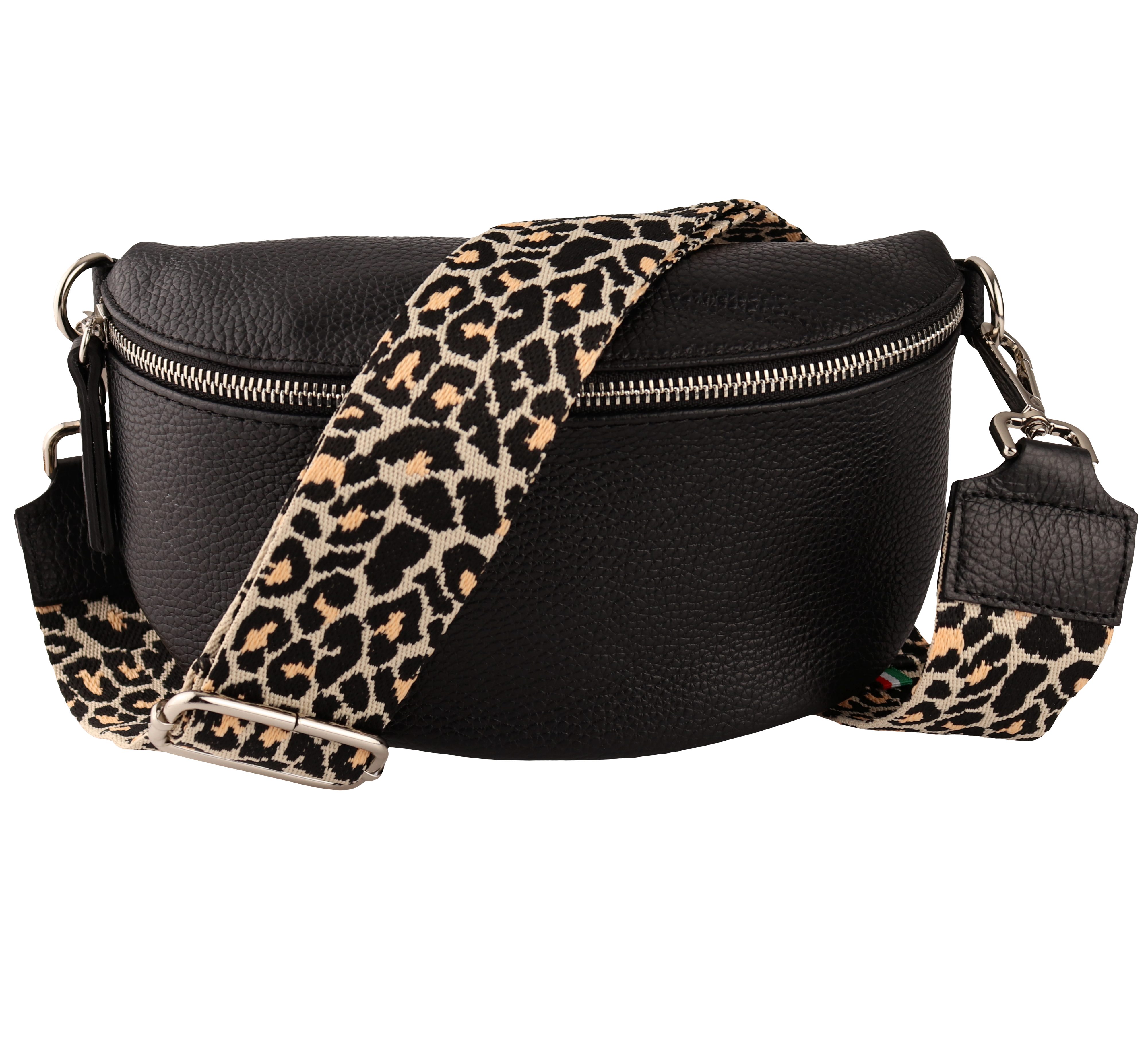 MIRROSI Bauchtasche Damen, Echtleder, Made in Italy, Umhängetasche, Brusttasche, (Schultertasche für jeden Anlass (1 Tasche & 2 Gurte), Crossbody Bag, Schwarz, gemusterten& verstellbaren Schulterriemen