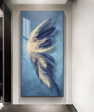 TPFLiving Kunstdruck (OHNE RAHMEN) Poster - Leinwand - Wandbild, Nordic Art - Blaue und goldene Federn - Bilder Wohnzimmer - (5 Motive in 4 verschiedenen Größen zur Auswahl), Farben: Blau, Gold - Größe: 30x60cm