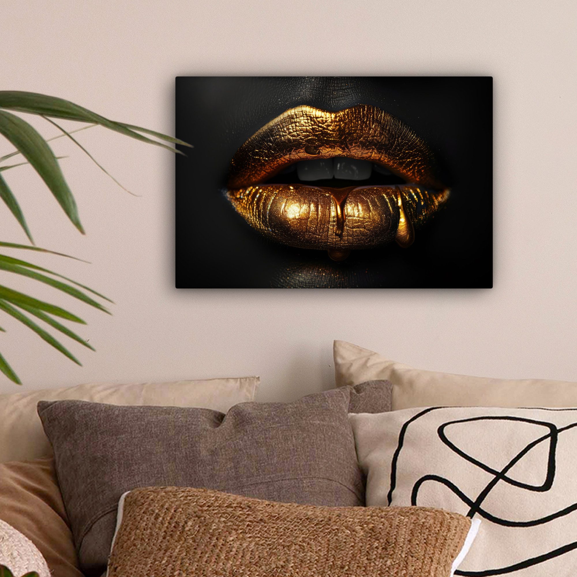 OneMillionCanvasses® Leinwandbild Lippen - Gold - Abstrakt - Schwarz - Ästh günstig online kaufen