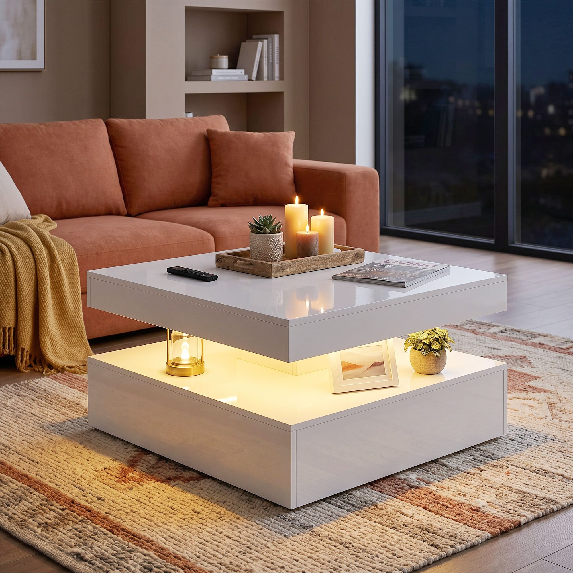 OKWISH Couchtisch 78x78x40cm LED Couchtisch mit Stauraum, Wohnzimmertisch modern, Weiß (Packung, 1-St., Hochglanz Weiß, Couchtisch für Wohnzimmer Einrichtung), 2-stufiges Design, offene Ablagefläche, Fernbedienung LED Steuerung