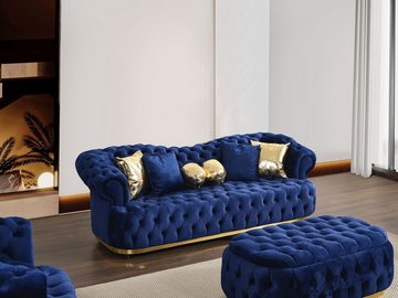 Casa Padrino Hocker Casa Padrino Luxus Chesterfield Samt Hocker Blau / Gold 110 cm