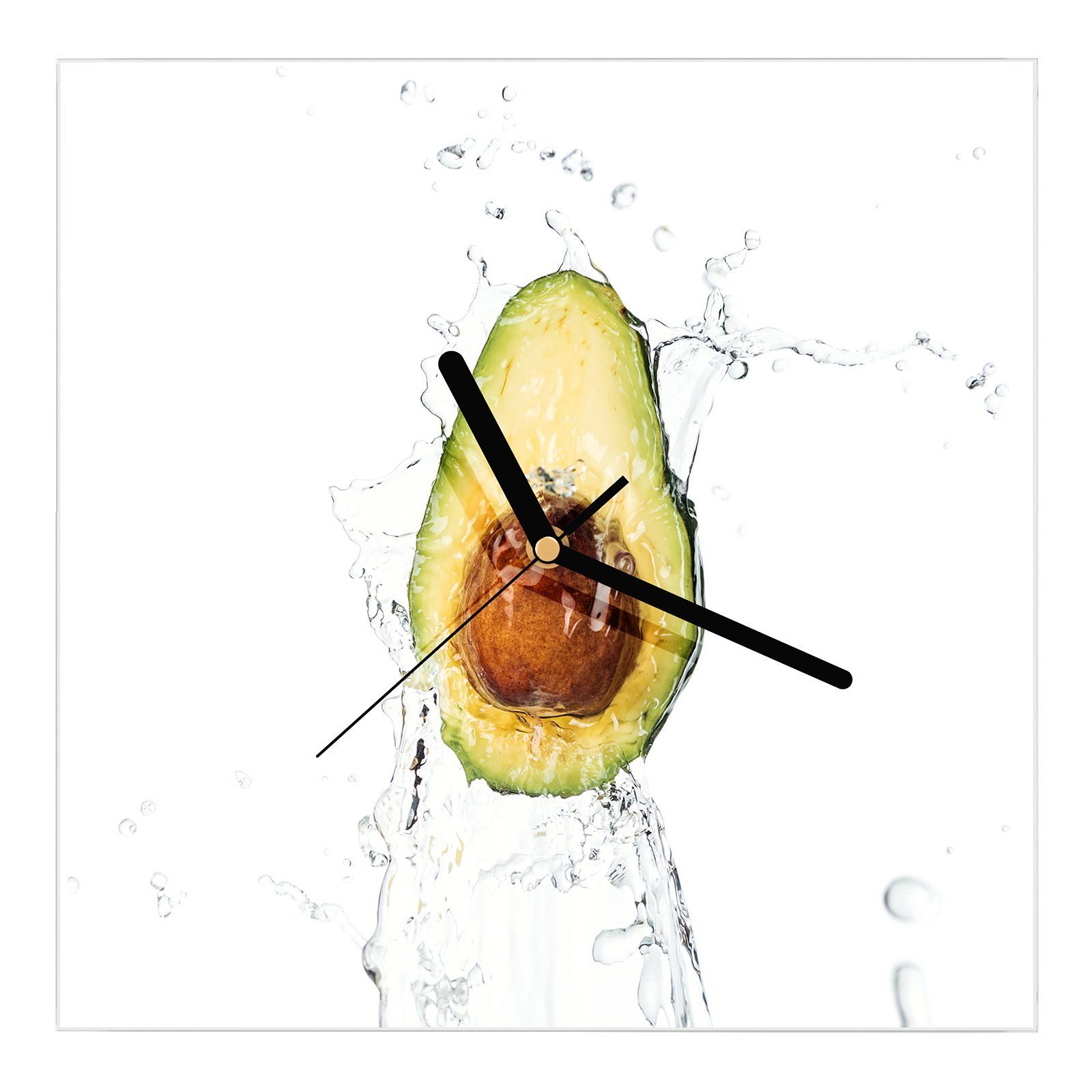 Primedeco Wanduhr Wanduhr cm 30 30 Glasuhr x im mit Wassersplash Avocado Motiv Größe Wandkunst