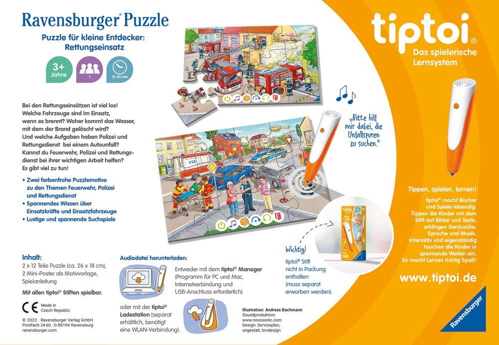 Ravensburger Puzzle 2 x 12 Teile tiptoi Puzzeln, Entdecken, Erleben Rettung günstig online kaufen
