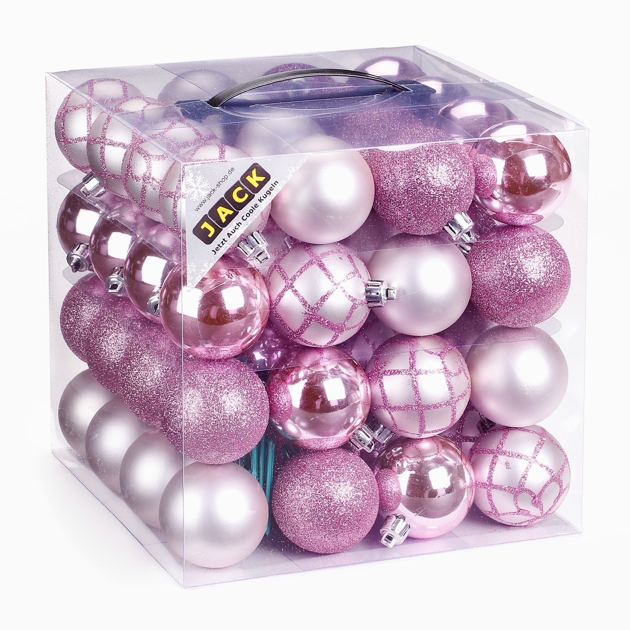 JACK Christbaumschmuck 64x Kunststoff Christbaumkugeln Ø 6cm Baum Kugeln inkl. Aufhänger, Mit praktischer Aufbewahrungsbox, Optik: matt / glänzend / glitzernd