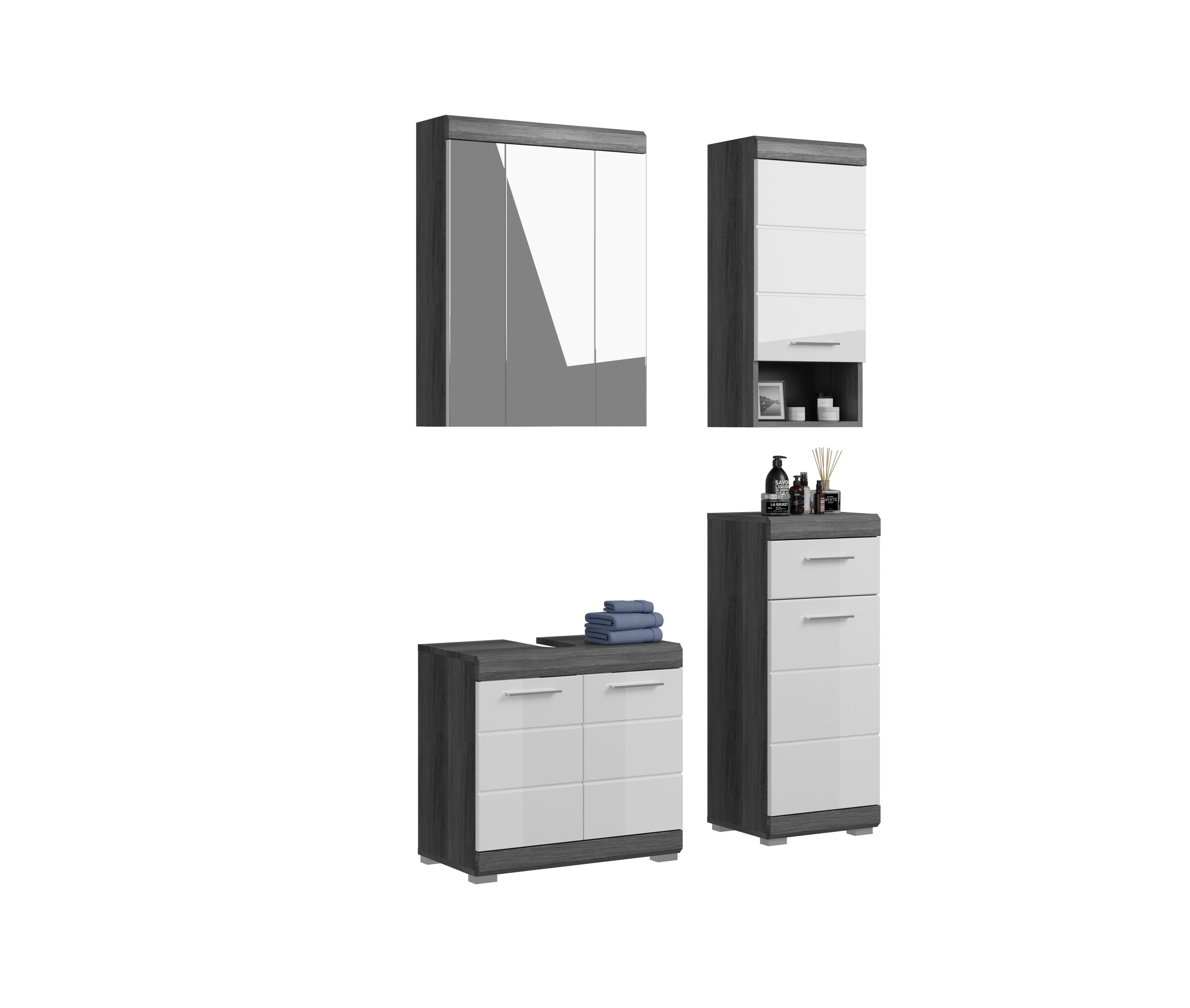 furnling Badmöbel-Set Scott, (4-St., bestehend aus Spiegelschrank, Hängeschrank, Standschrank, WBU), Badmöbel, Badezimmermöbel, Komplett-Set, modern, Breite 112 cm