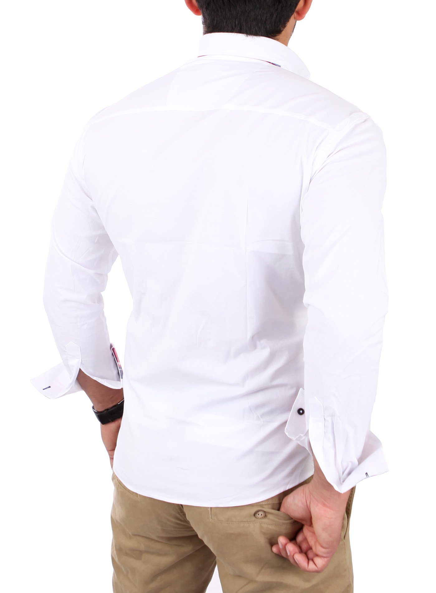 Reslad Langarmhemd Reslad Herren Hemd Button-Down Slim Fit Kontrast Langarmhemd RS-7015 (3-tlg., Hemd) Doppelkragen Kontrast Karo Muster Hemden