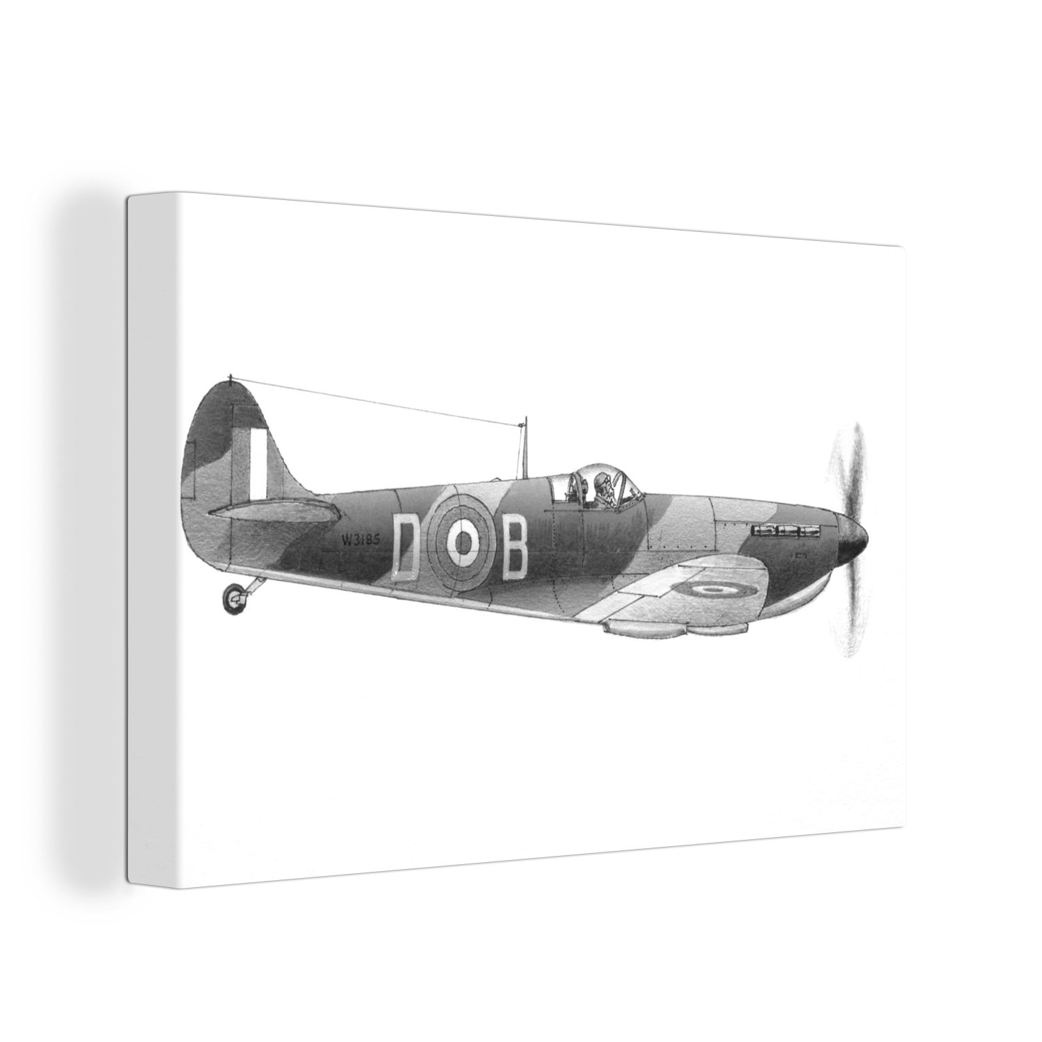 OneMillionCanvasses® Leinwandbild Eine Illustration einer Supermarine Spitfire - schwarz und weiß, (1 St), Wandbild Leinwandbilder, Aufhängefertig, Wanddeko, 30x20 cm