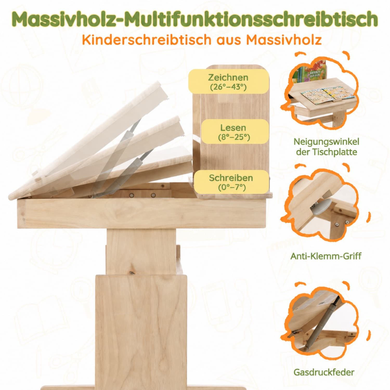 ANYSUN Kinderschreibtisch aus Massivholz Höhenverstellbarer mit klappbarer Platte,Buchablage (1 Schreibtisch,Kindertisch für Kinder ab 6 Jahren,Belastbar bis 50 kg), mit Neigbarer Tischplatte 0–43°,Ausgehöhltes Design,Natur,80x94x80cm