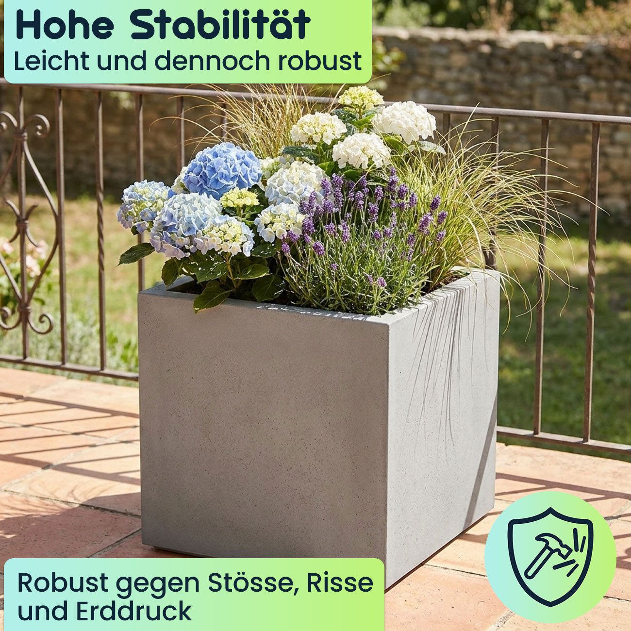 Prosperplast Blumenkasten Quadratischer Blumentopf (38cm, 25L) in Beton-Grau, Kunststoff-Design (3 St)