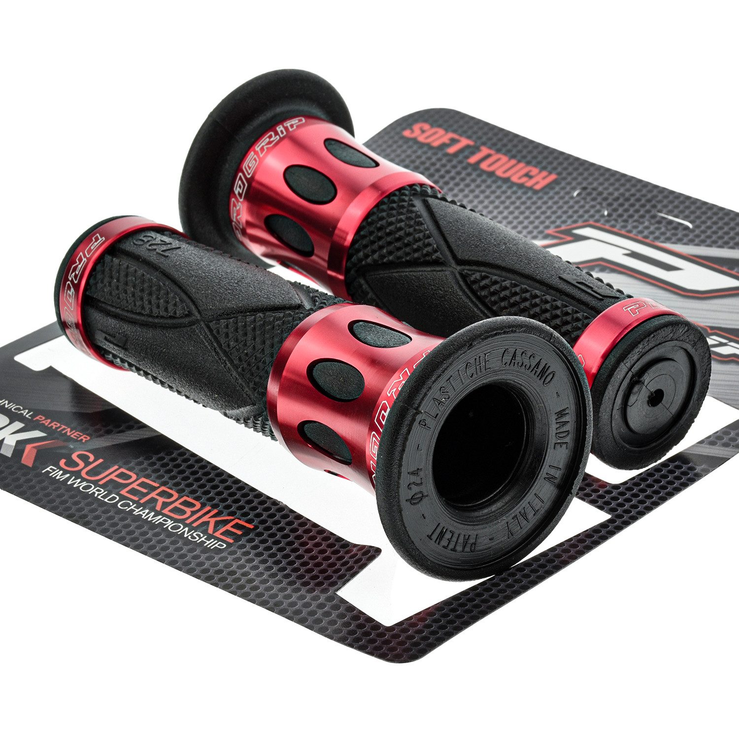 PROGRIP Fahrradlenkergriff Motorrad Lenkergriffe 728 Rot Schwarz Alu Gummi 22mm 25mm (Paar), für Motorrad, Roller, Scooter, Quad, Cross