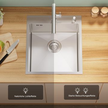 Auralum Küchenspüle Einbauspüle Edelstahl 44x49cm Spülbecken mit Küchenarmatur, mit Seifenspender Rechteckspüle