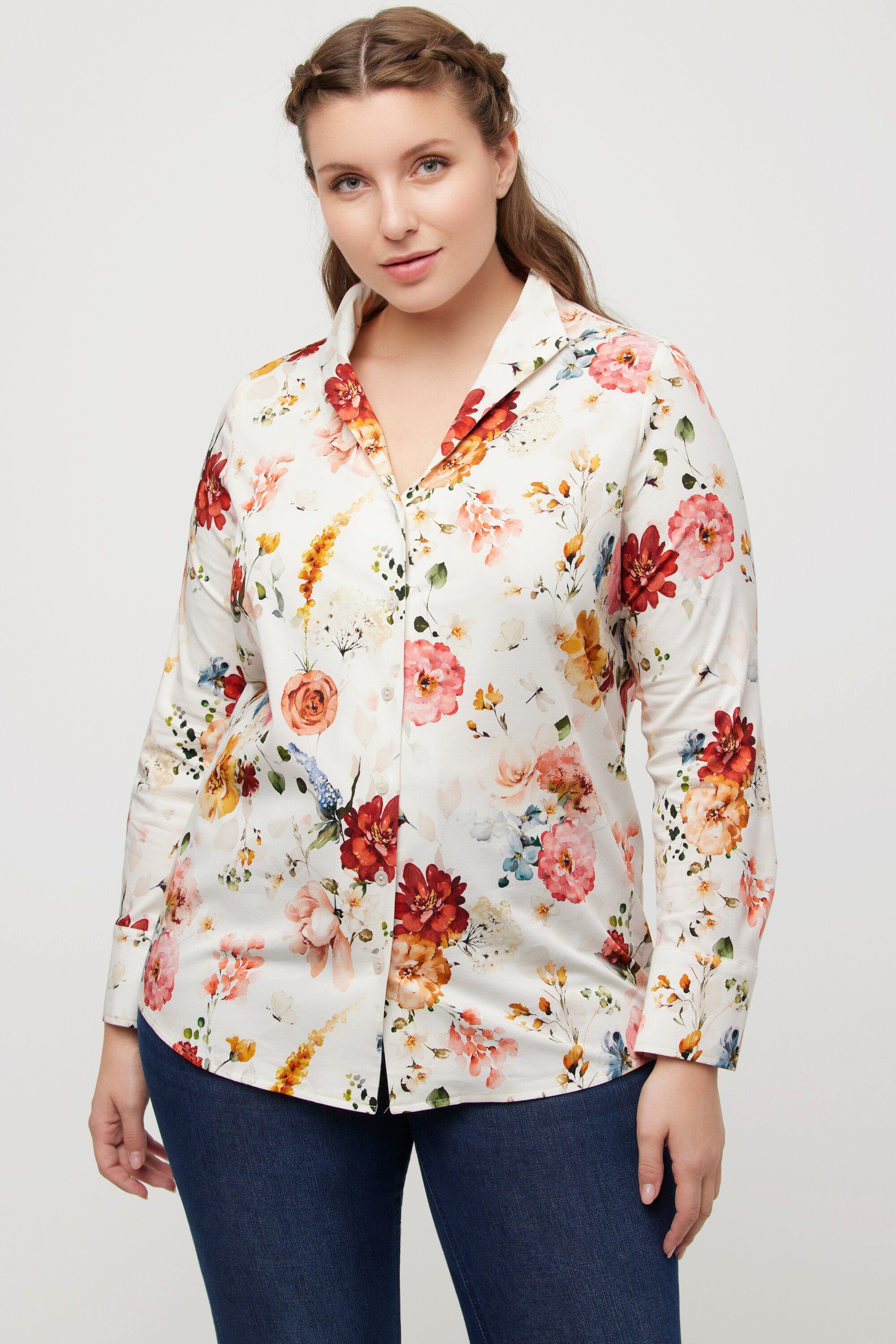 Bluse Ulla Blumen Popken Longbluse V-Ausschnitt Langarm Kelchkragen