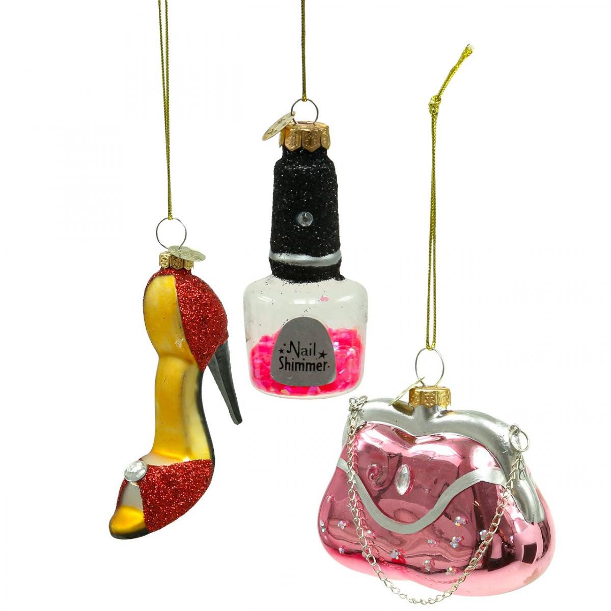 Viana Christbaumschmuck Christbaumschmuck Glas Nagellack Handtasche Damenschuh 3er Set, 3
