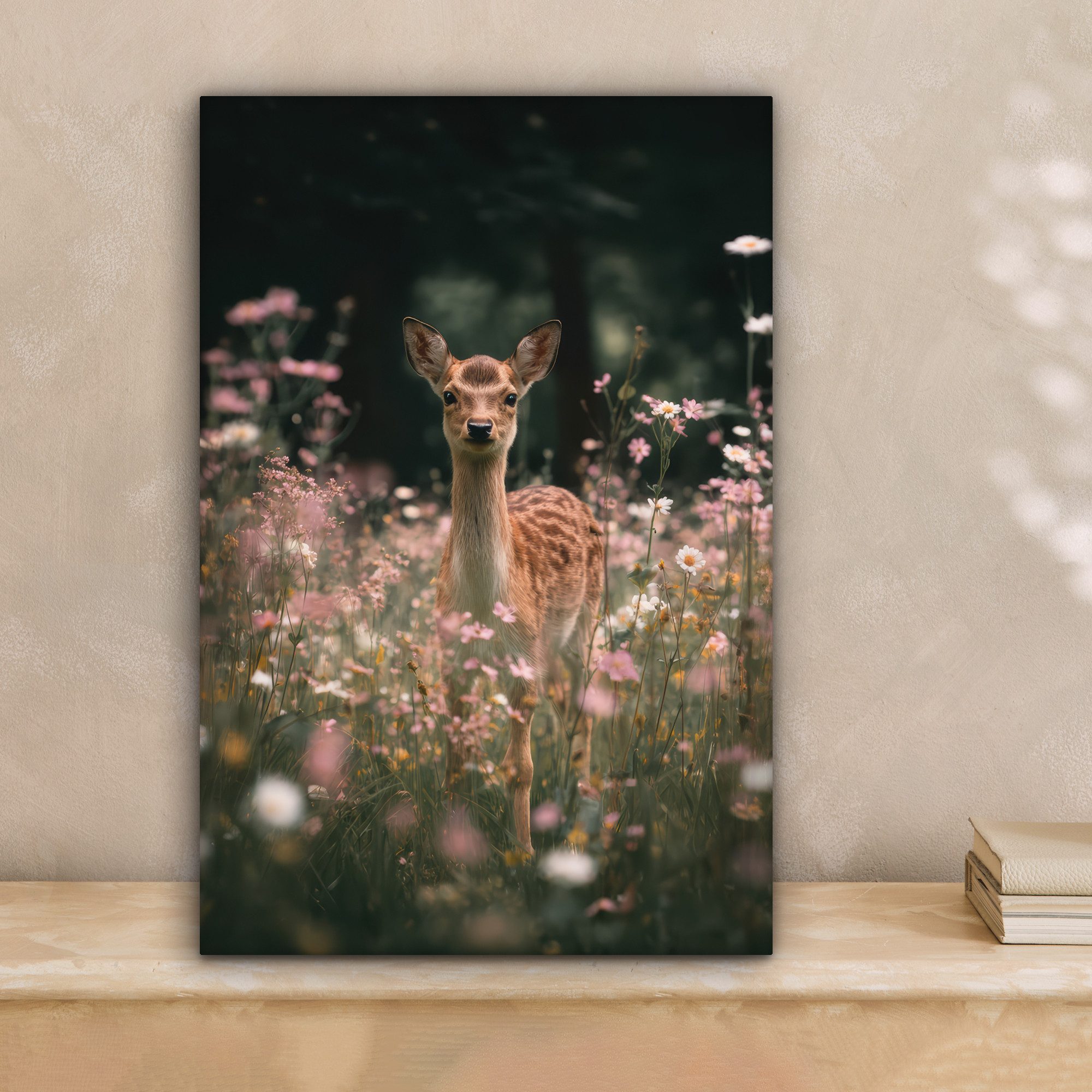 OneMillionCanvasses® Leinwandbild Hirsche - Wildblumen - Wald, Fotodruck (1 günstig online kaufen